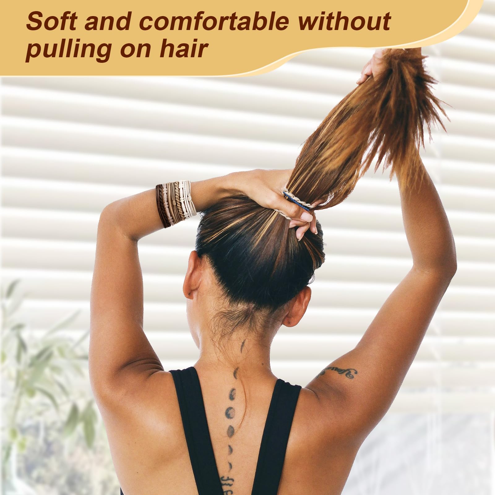 Assorted neutral and vibrant color options of no damage elastic hair bands.