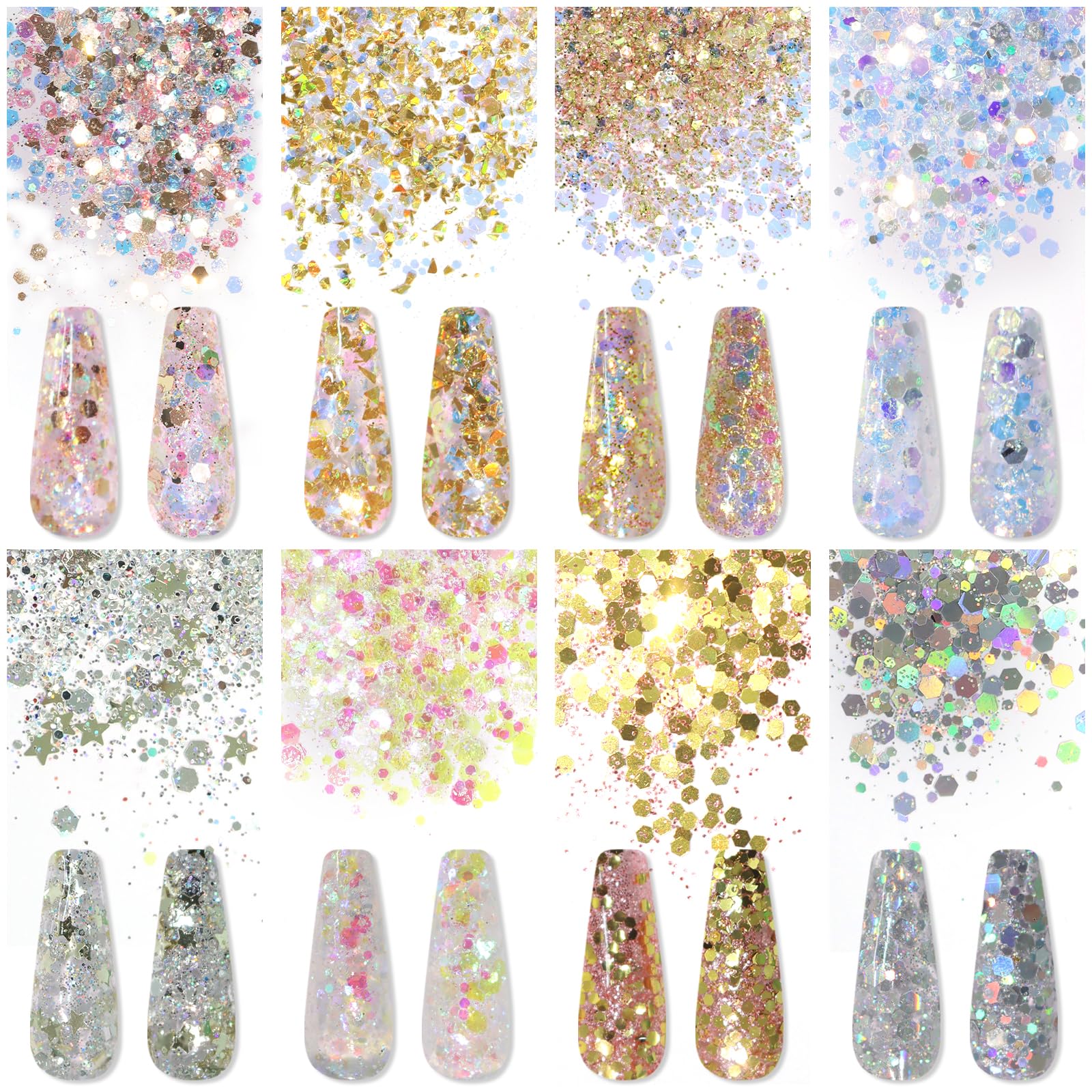 Selection of 8 vibrant iridescent nail sequin containers from Laza.