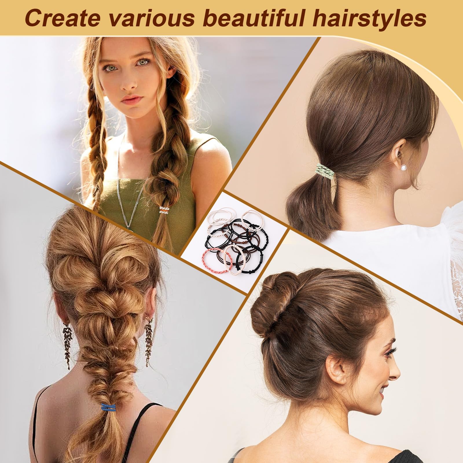Durable cotton nylon braided hair ties displayed to show four distinct woven textures.