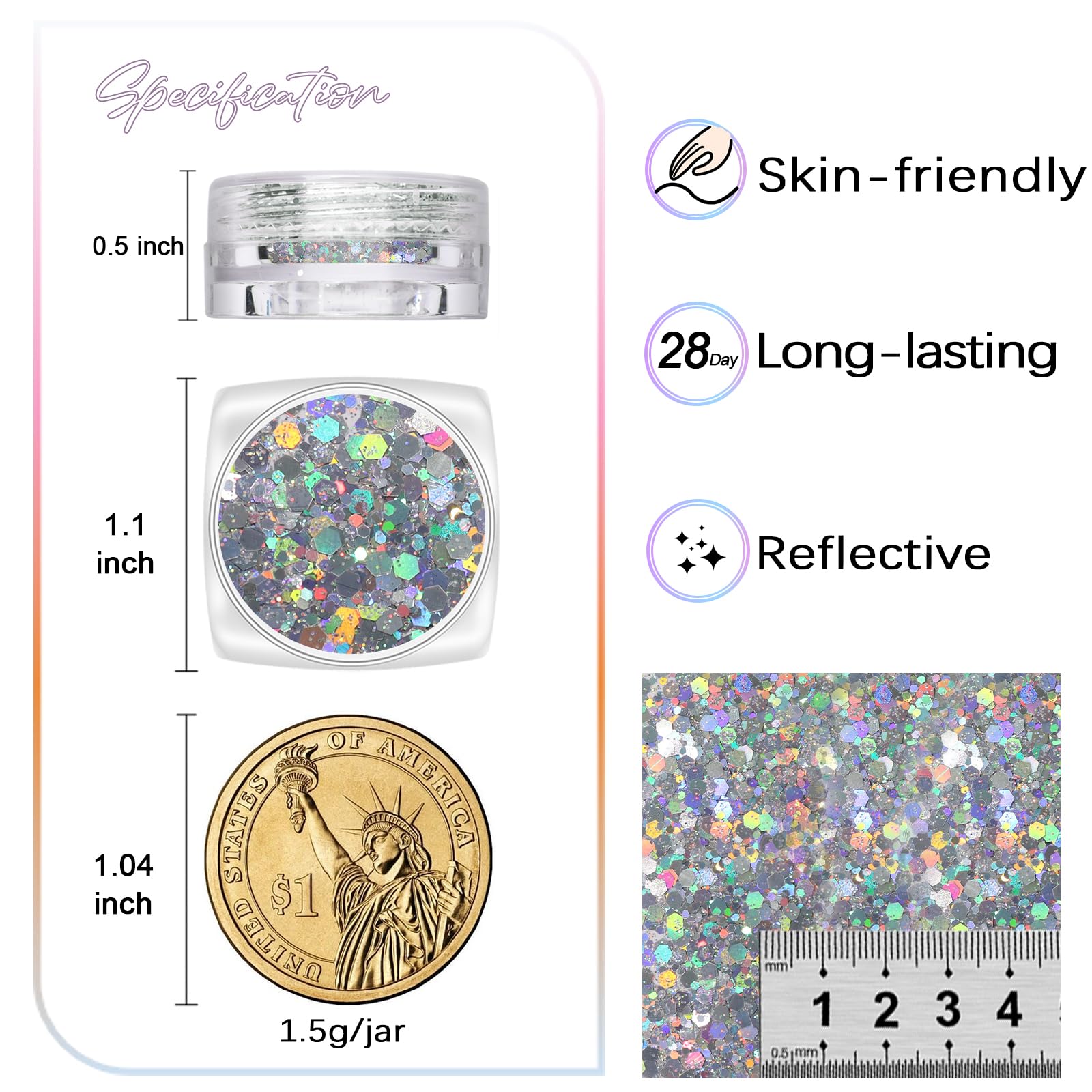 Macro shot of holographic foil flakes and fine glitter powder textures.