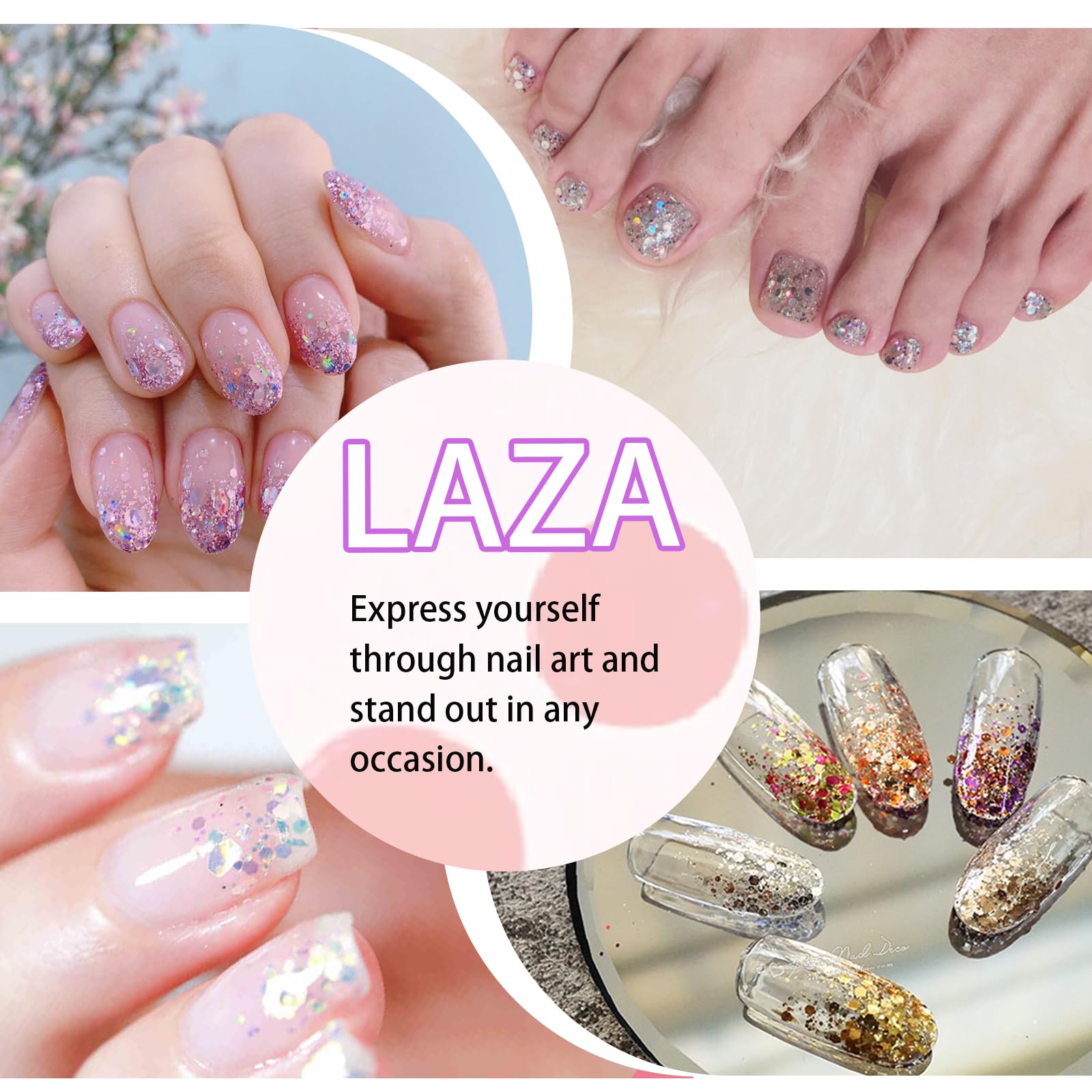 Laza nail glitter set displayed for gel polish and manicure design use.