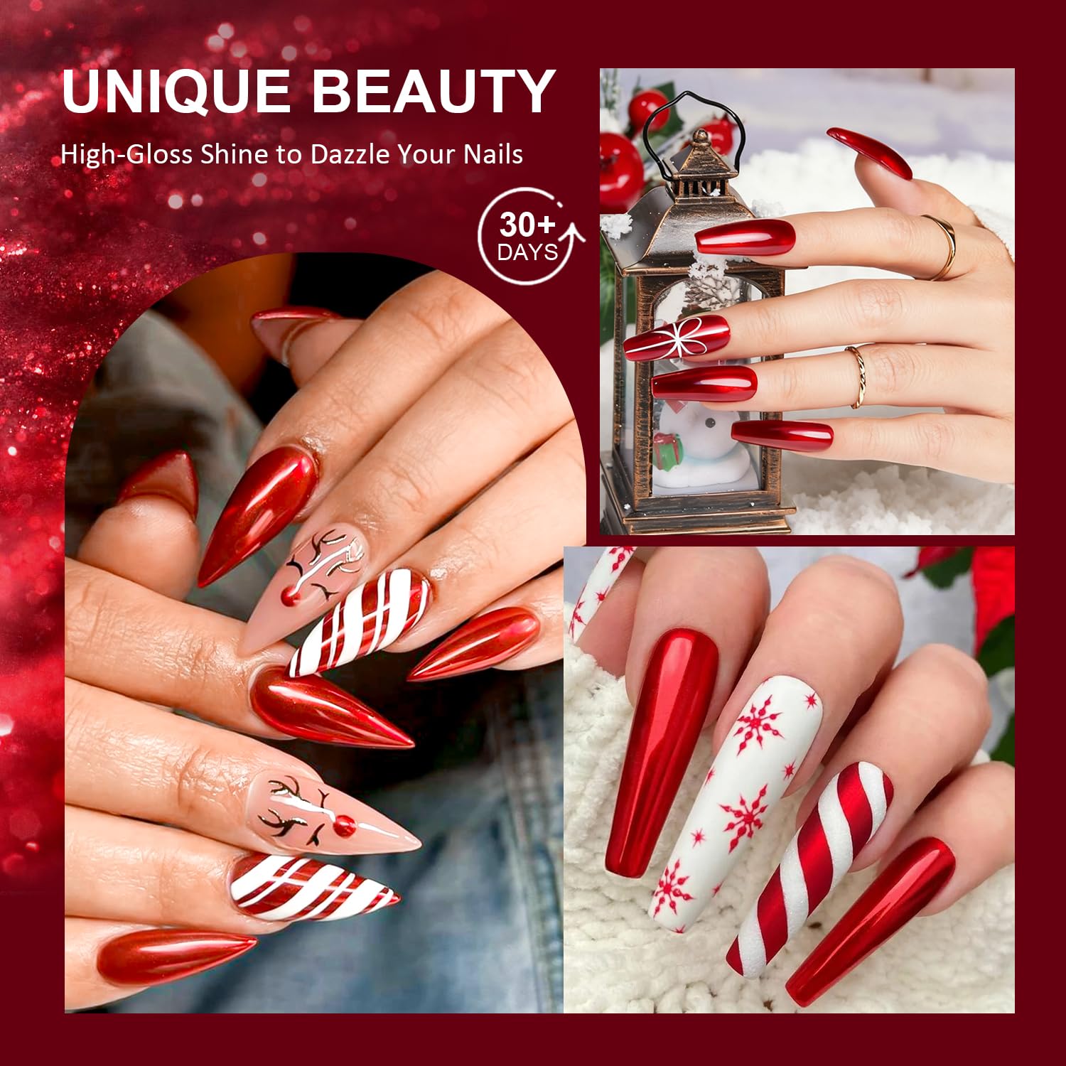 Applicator tool for red mirror effect nail powder.
