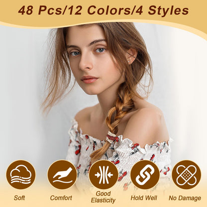 Comparison view of the soft stretchable fabric hair elastics showing zero metal parts.