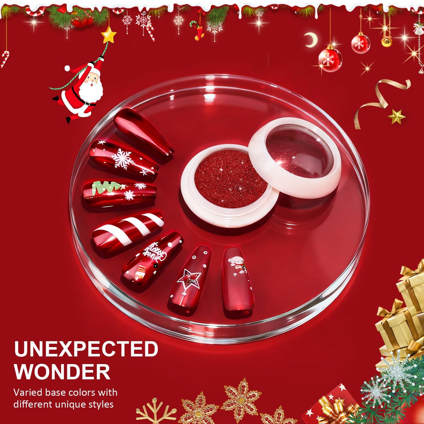 Example of festive red chrome nail art design.
