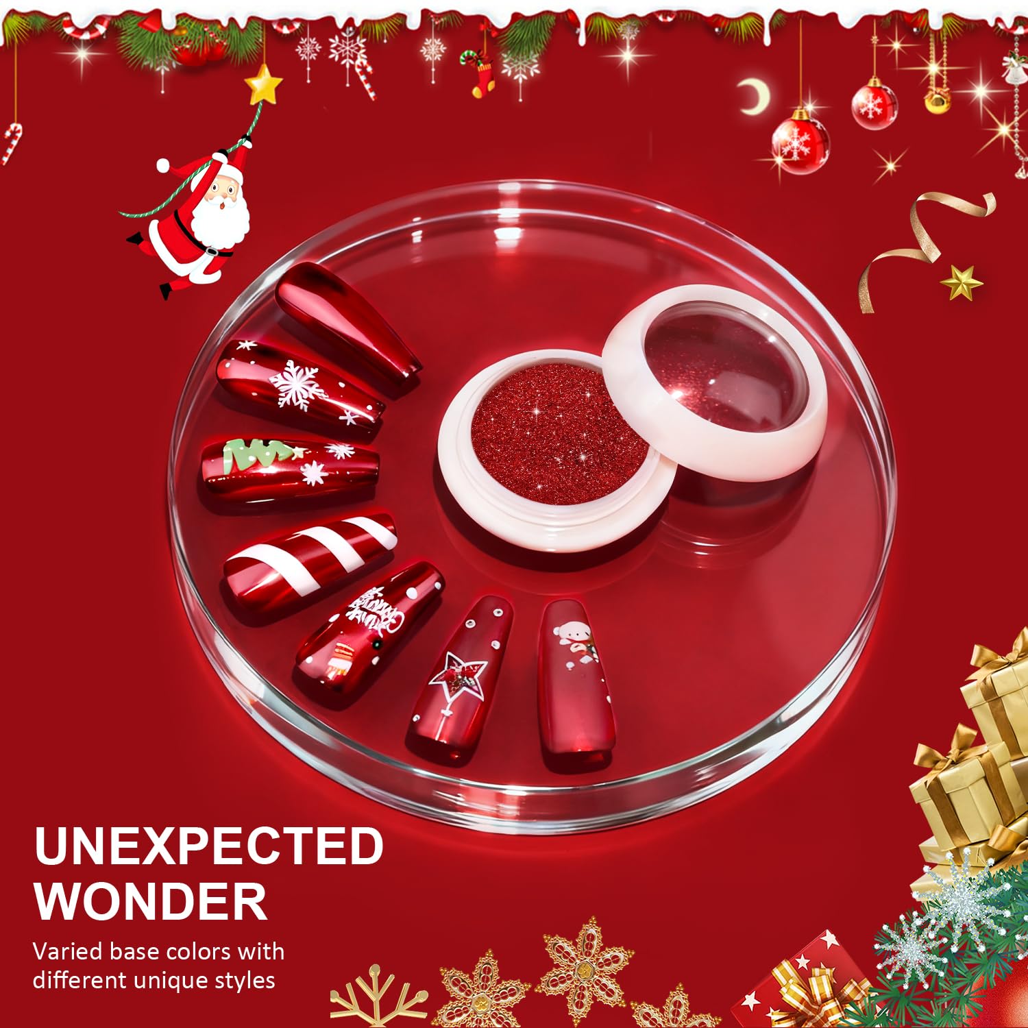 Example of festive red chrome nail art design.