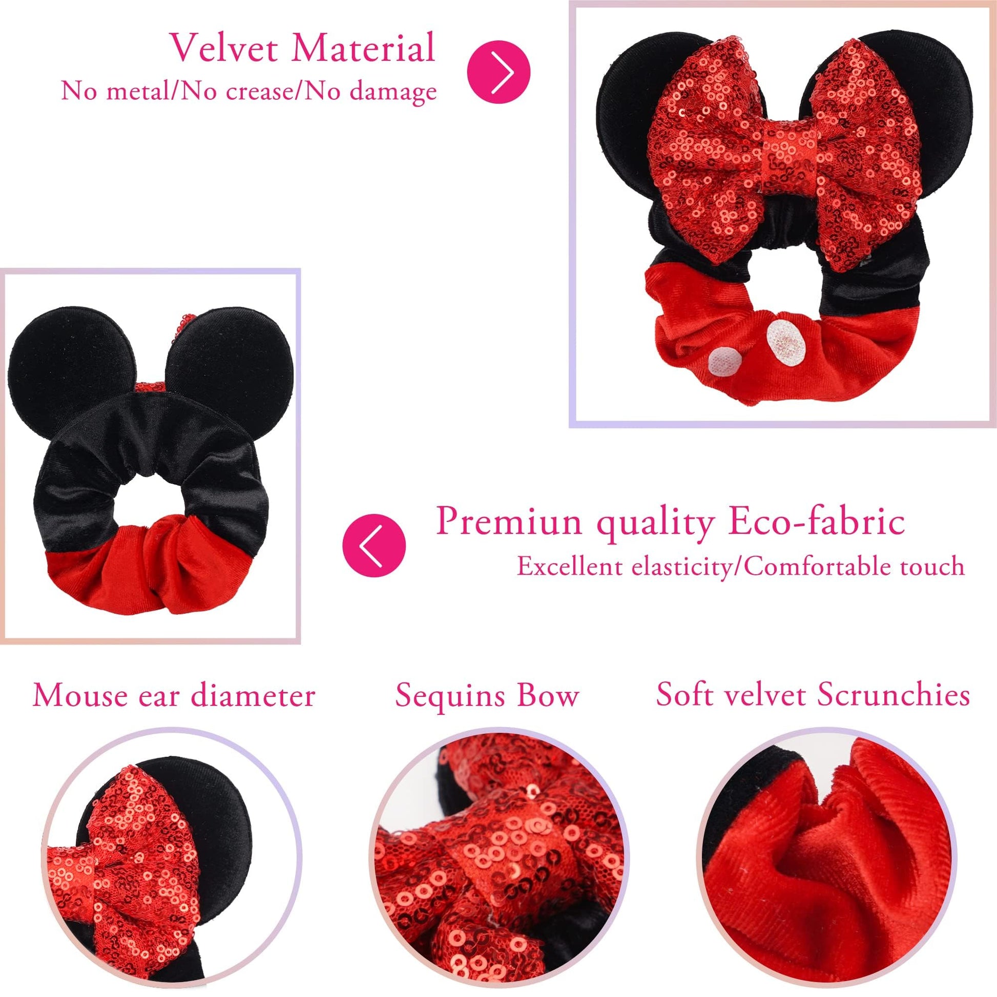 Close up of Mermaid Purple and Pink Crown mouse ear scrunchies displaying premium velvet texture.