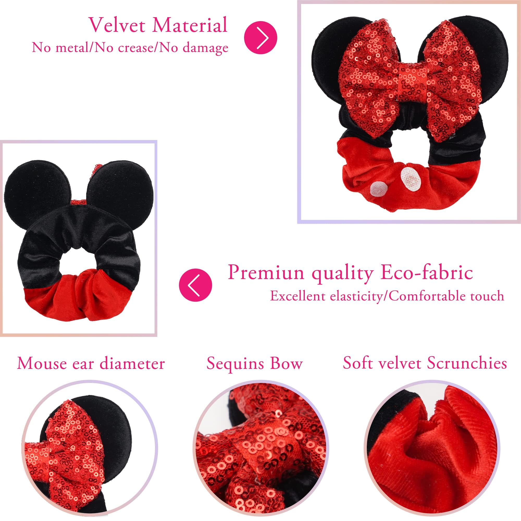 Close up of Mermaid Purple and Pink Crown mouse ear scrunchies displaying premium velvet texture.
