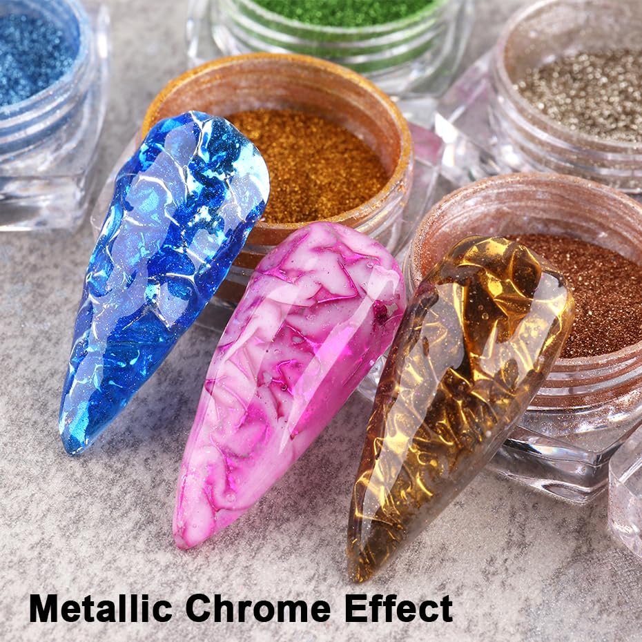 Close up of vibrant metallic chrome nail pigment powder jars
