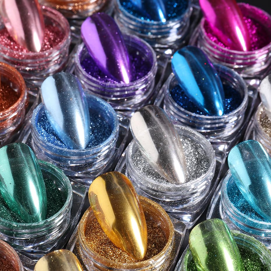 Open jars displaying ultra-fine chrome nail dust colors