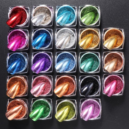 Applying chrome nail powder for mirror finish manicure