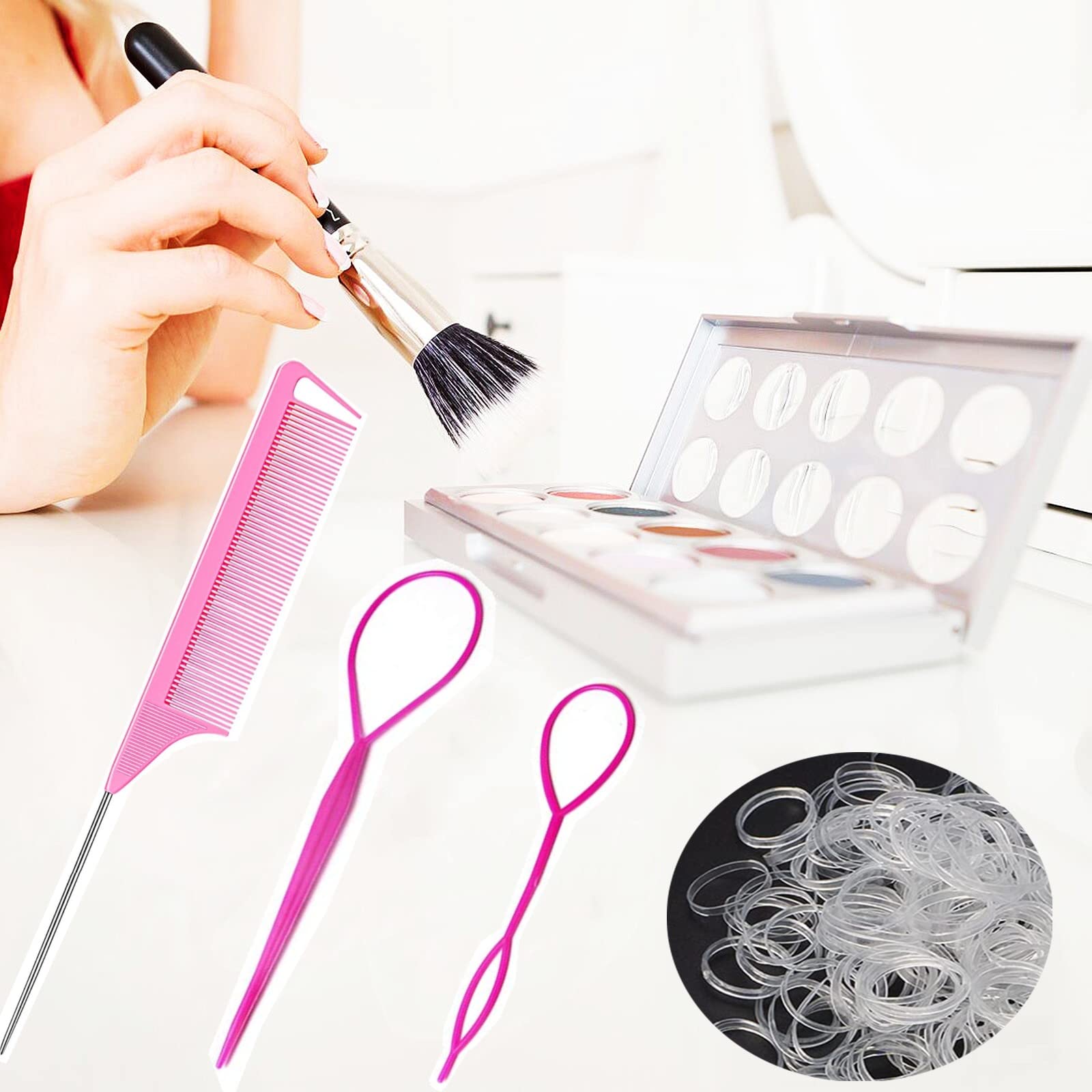 Pink topsy tail loop hair tools in two sizes for creating intricate updos and braids