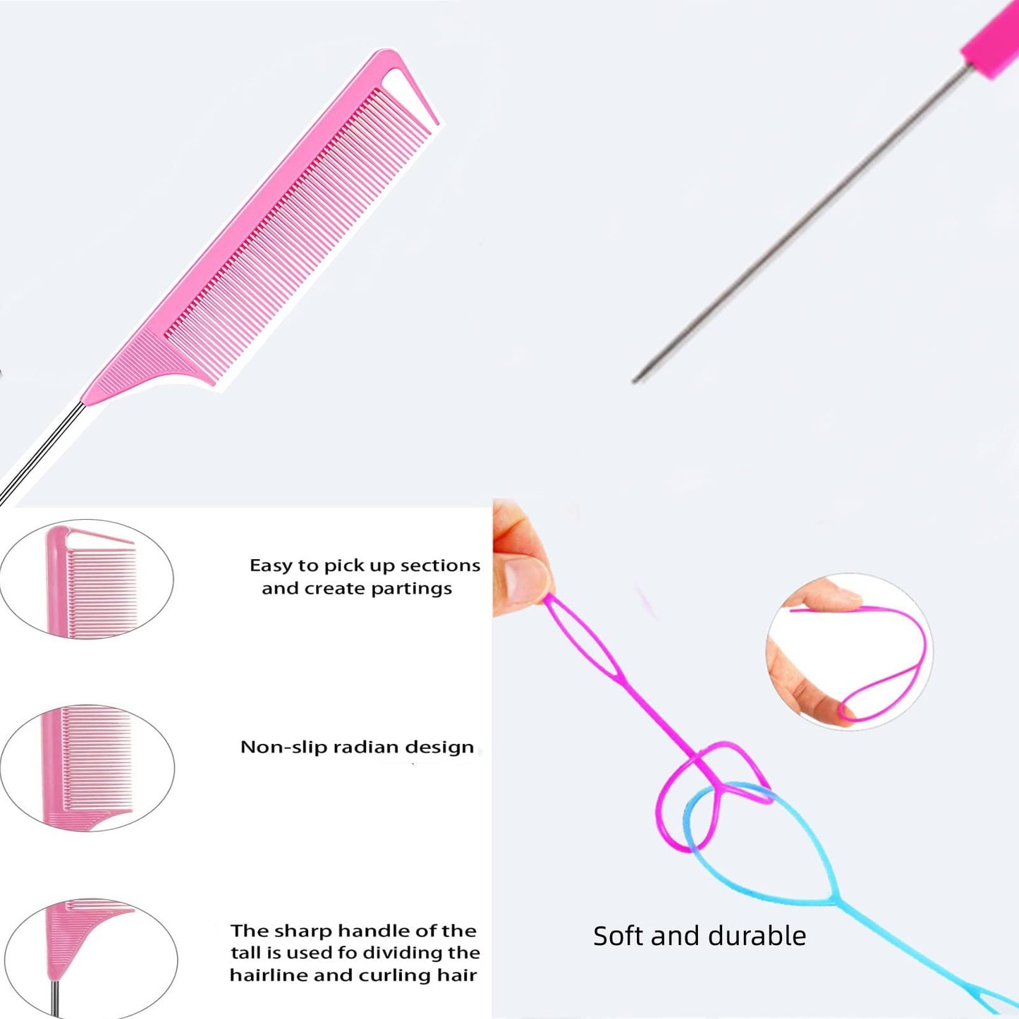 Professional metal pin rat tail comb for precise hair parting and sectioning