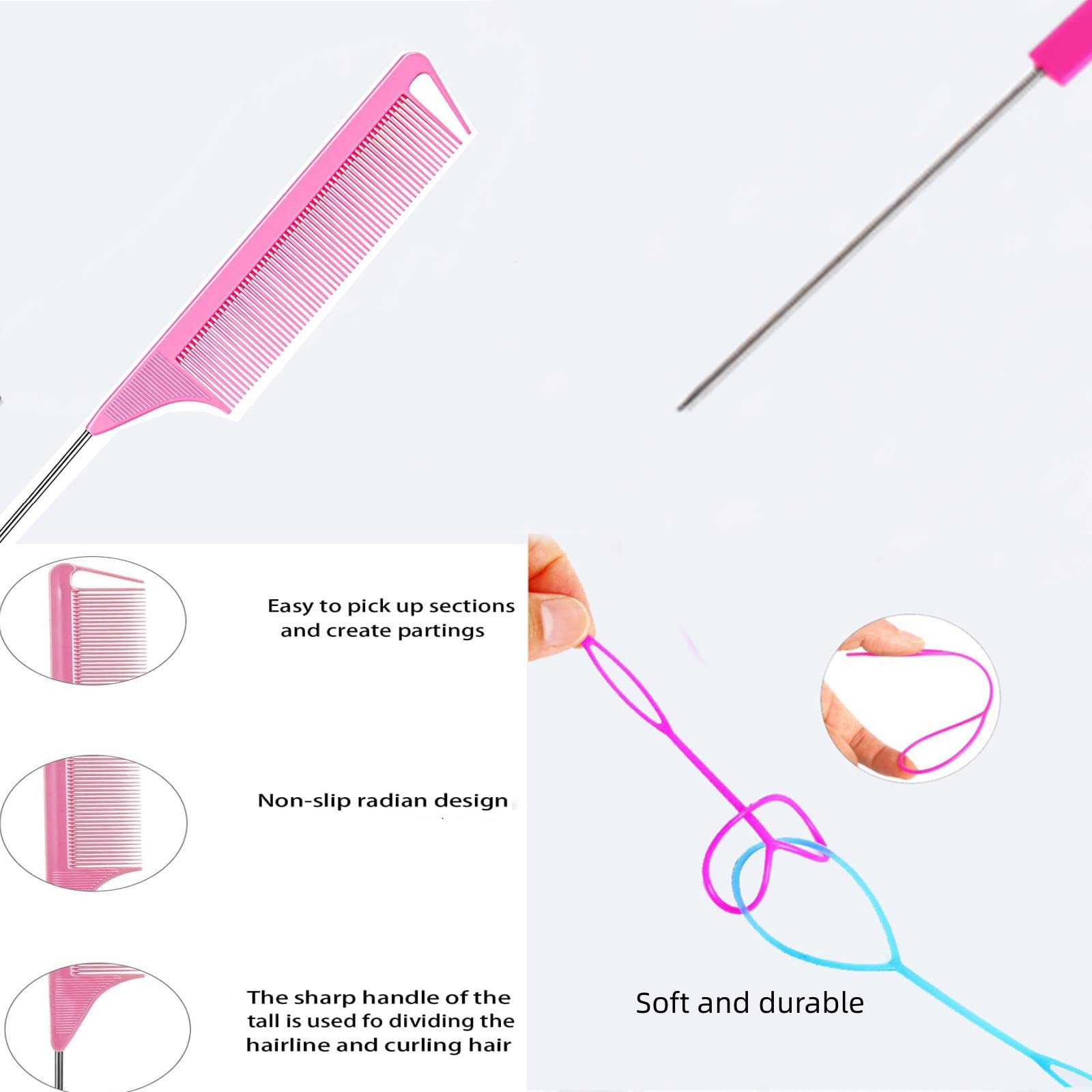 Professional metal pin rat tail comb for precise hair parting and sectioning