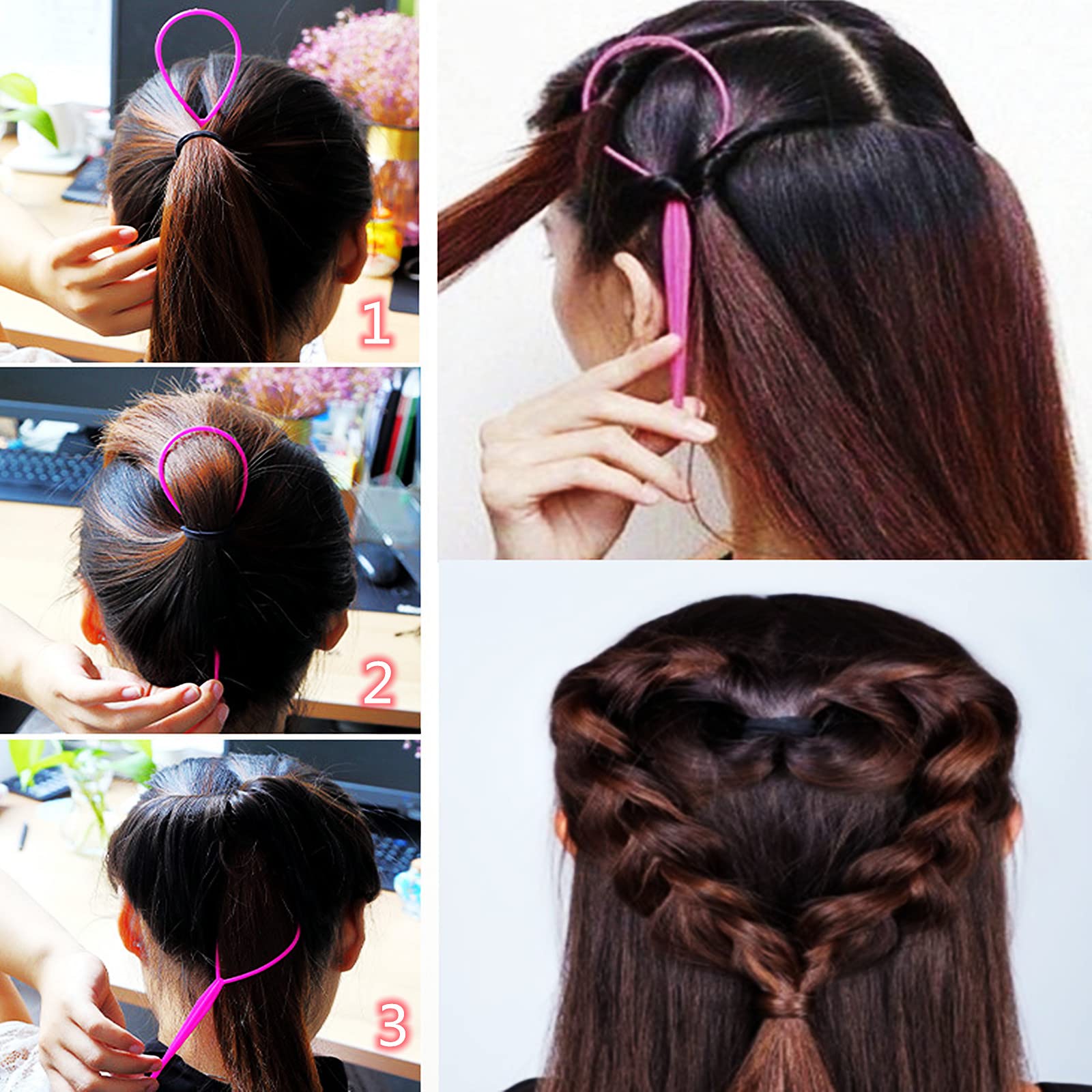 Full overview of the six piece hair braiding kit featuring one thousand pieces of elastics