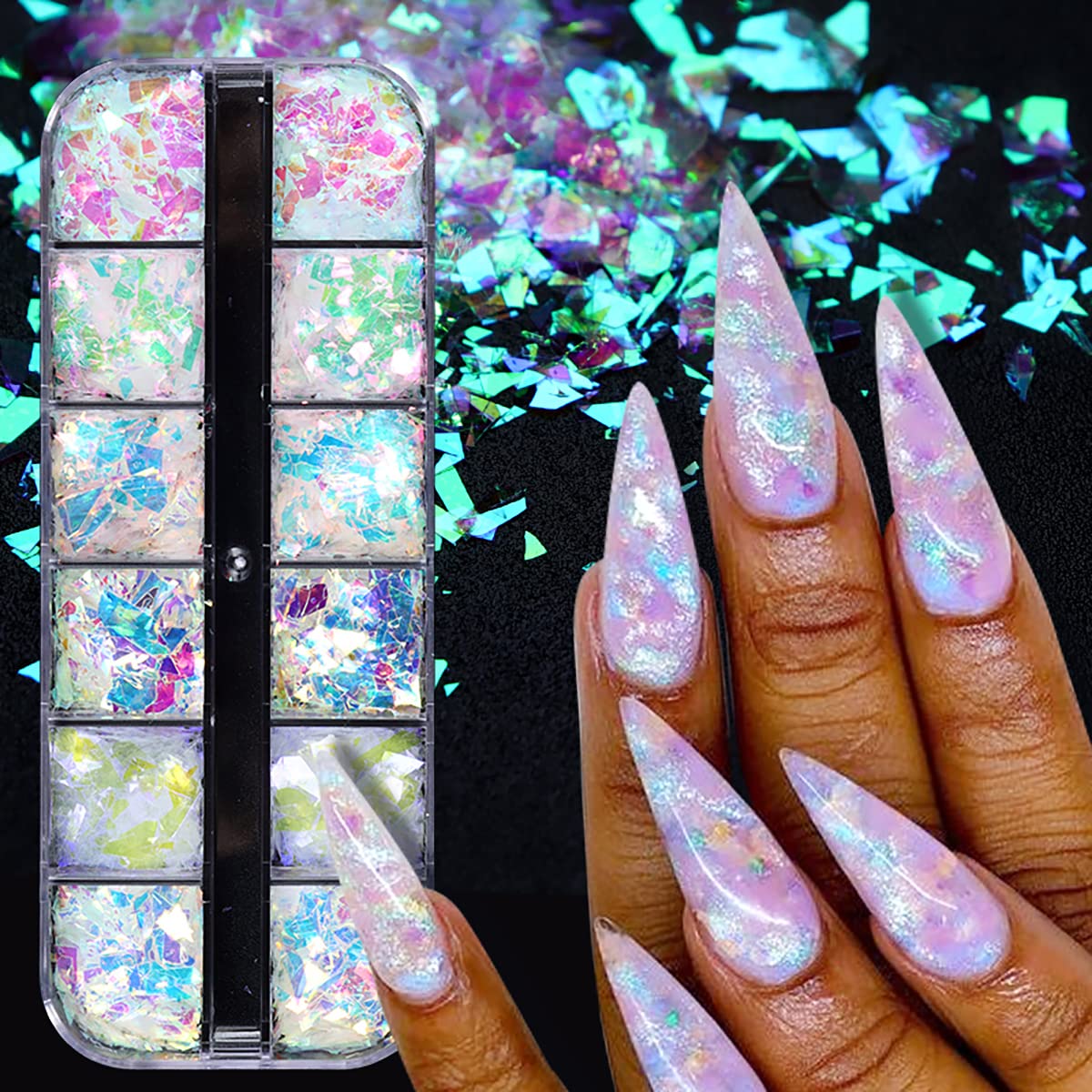 Vezocim mermaid style iridescent ice slag nail flakes in 12-grid tray