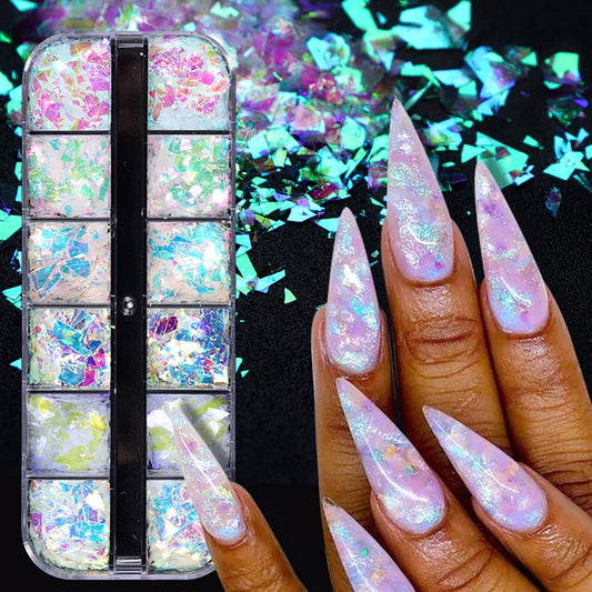 Vezocim mermaid style iridescent ice slag nail flakes in 12-grid tray