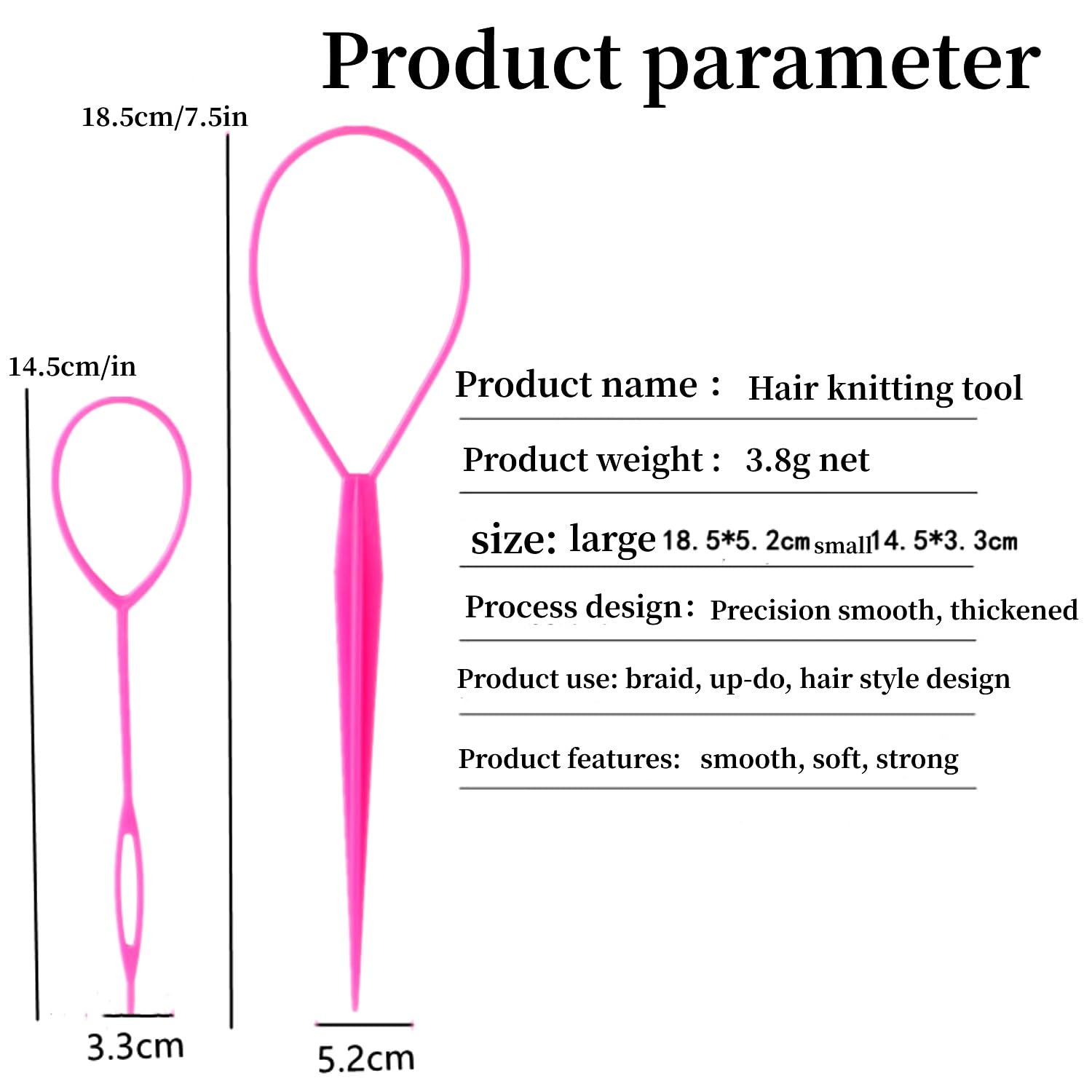 Demonstration view of the smooth pink topsy tail tool being inserted into a ponytail for a flip through hairstyle.