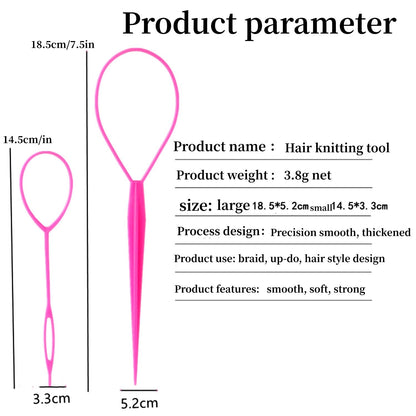 Demonstration view of the smooth pink topsy tail tool being inserted into a ponytail for a flip through hairstyle.