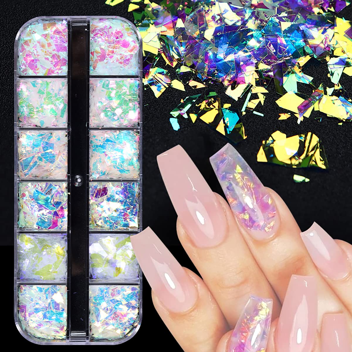 Close up of colorful irregular holographic nail sequins for DIY manicures
