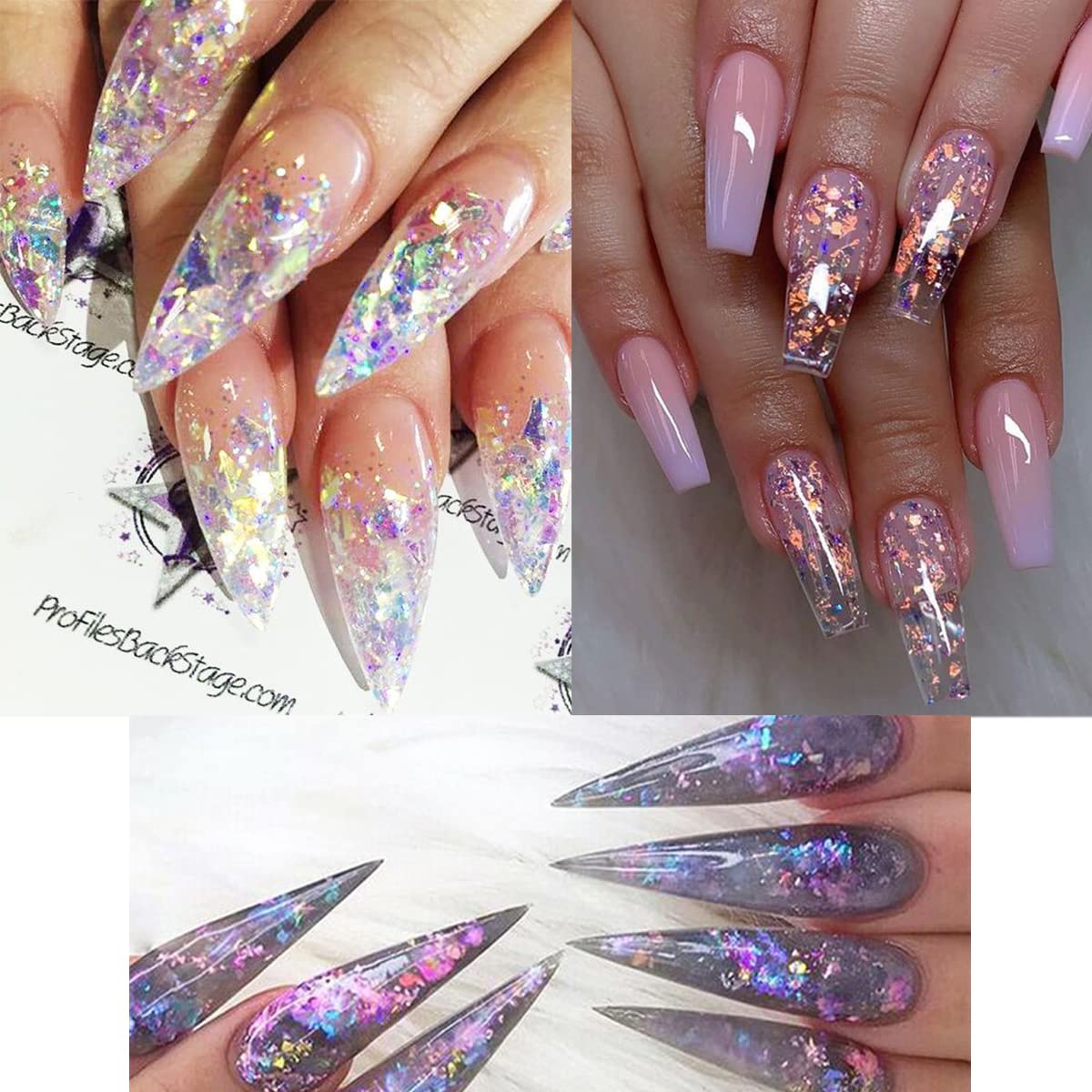 Vezocim nail glitter flakes applied on acrylic nail tips