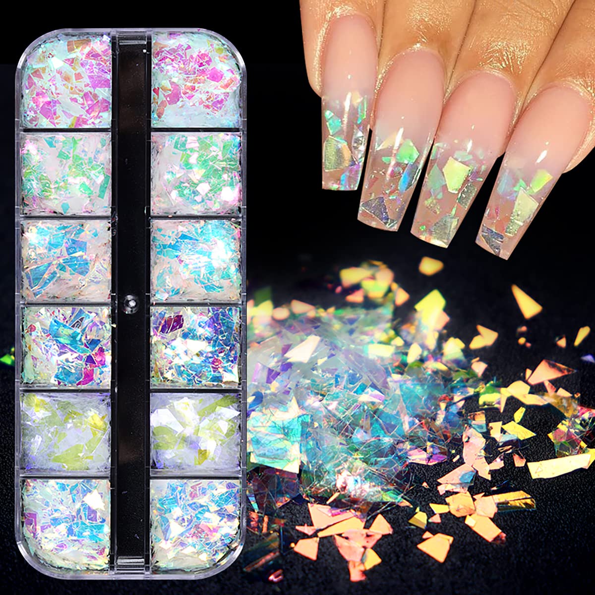 Top view of Vezocim 12-grid holographic nail art set