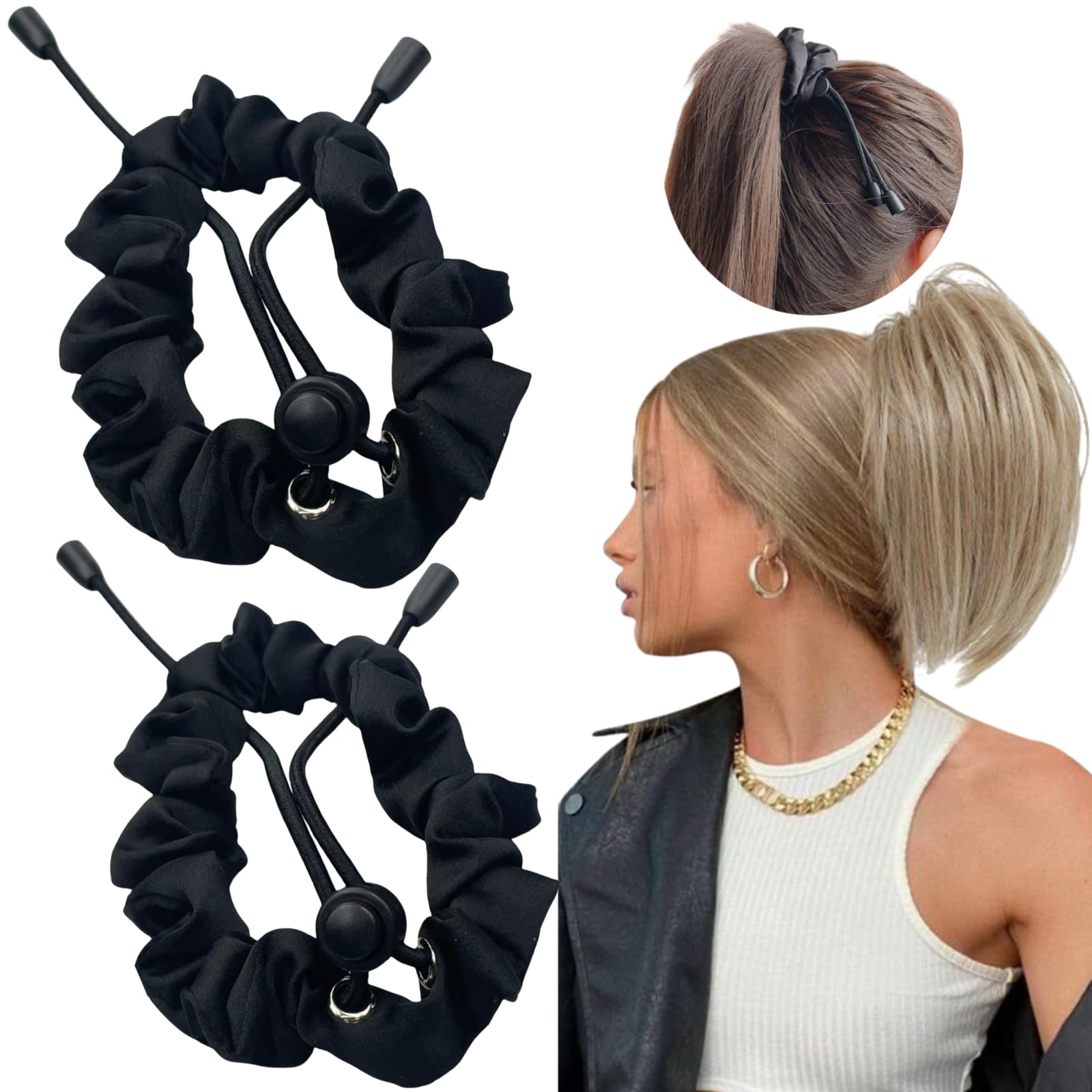 Close up look at the patented plastic rope lock mechanism on the adjustable scrunchies.