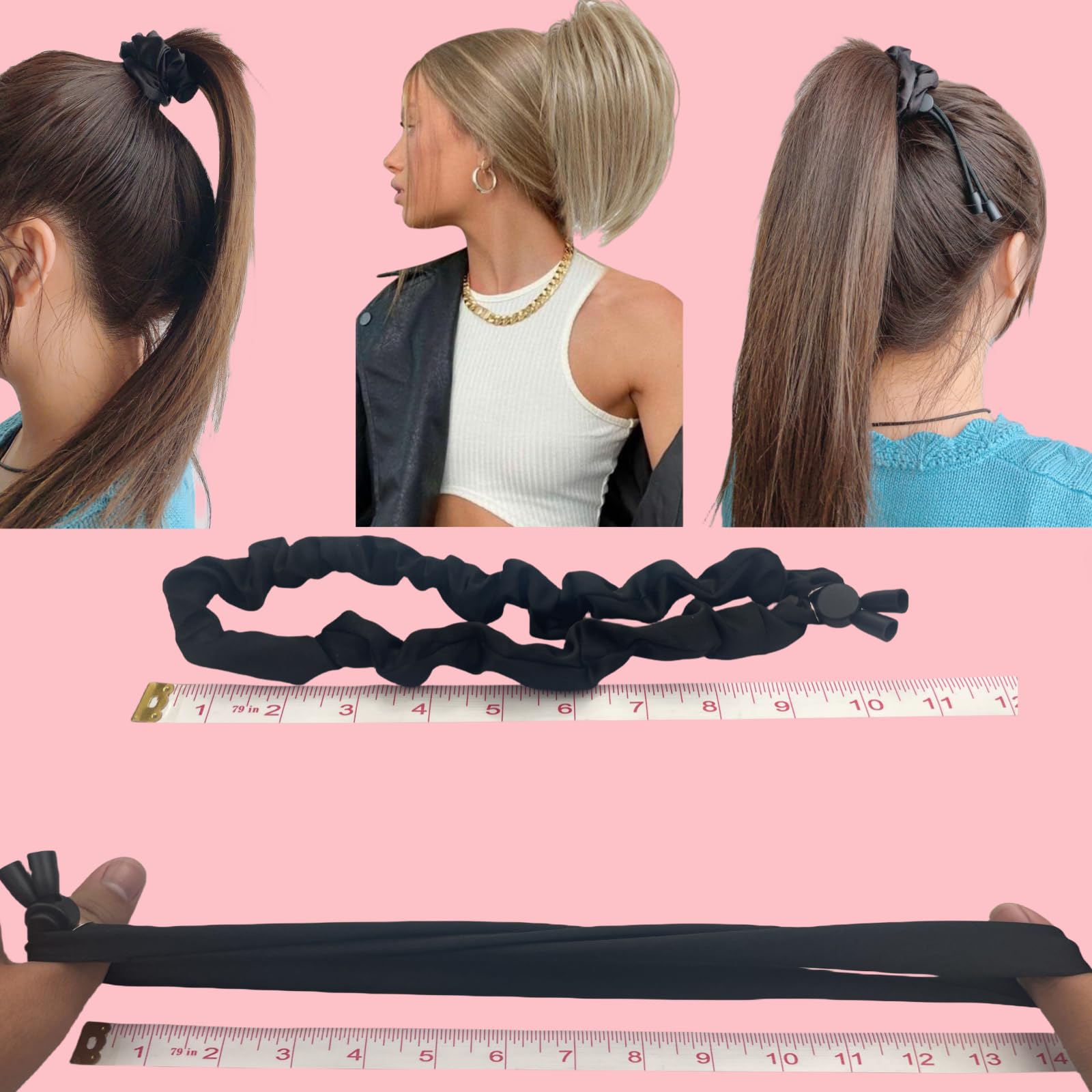 Bswox satin scrunchies holding thick curly natural hair securely in a high ponytail.