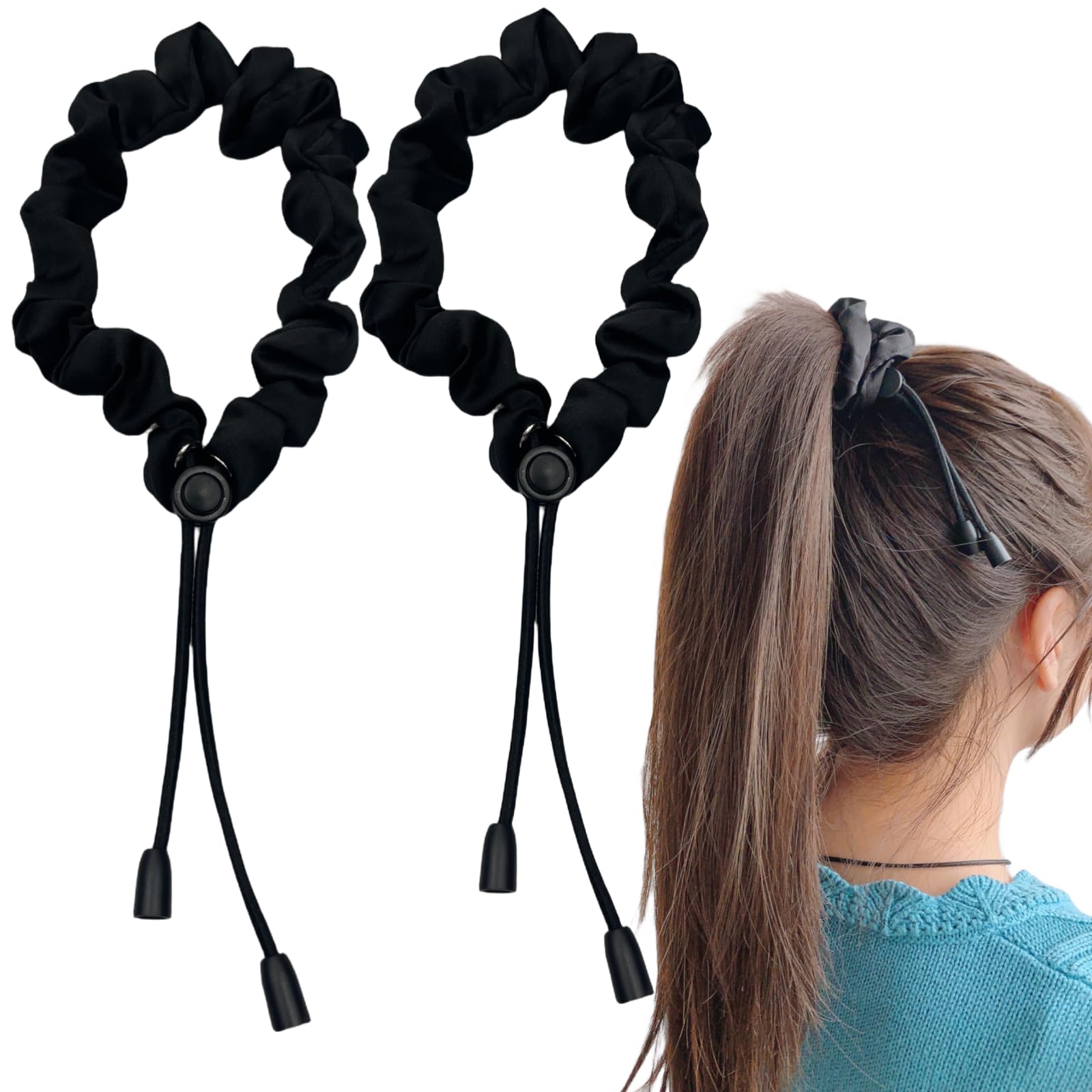 Two pack of black adjustable hair ties displayed flat to show sizing and length.