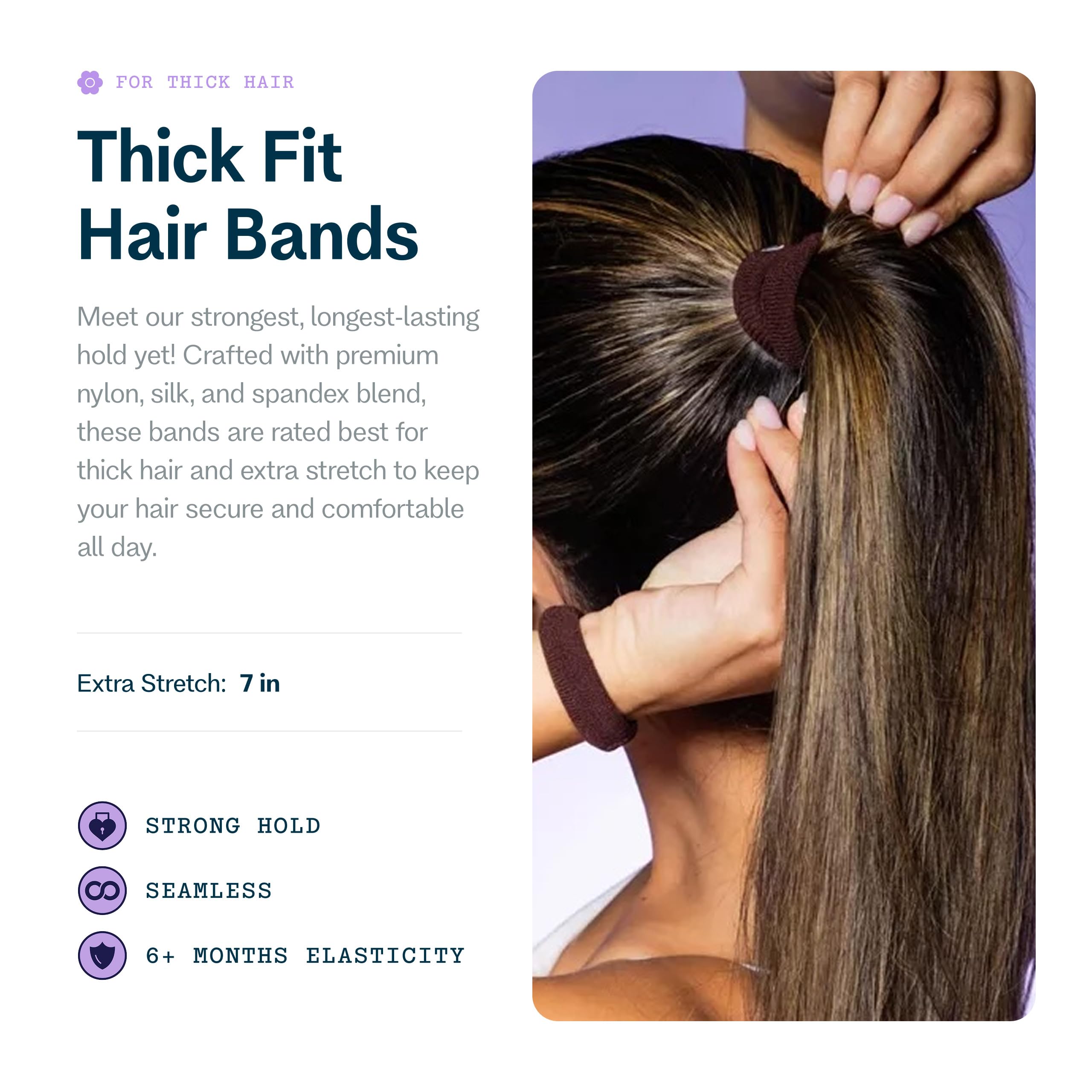 GIMME Beauty seamless microfiber elastics showing stretch elasticity for thick hair styling