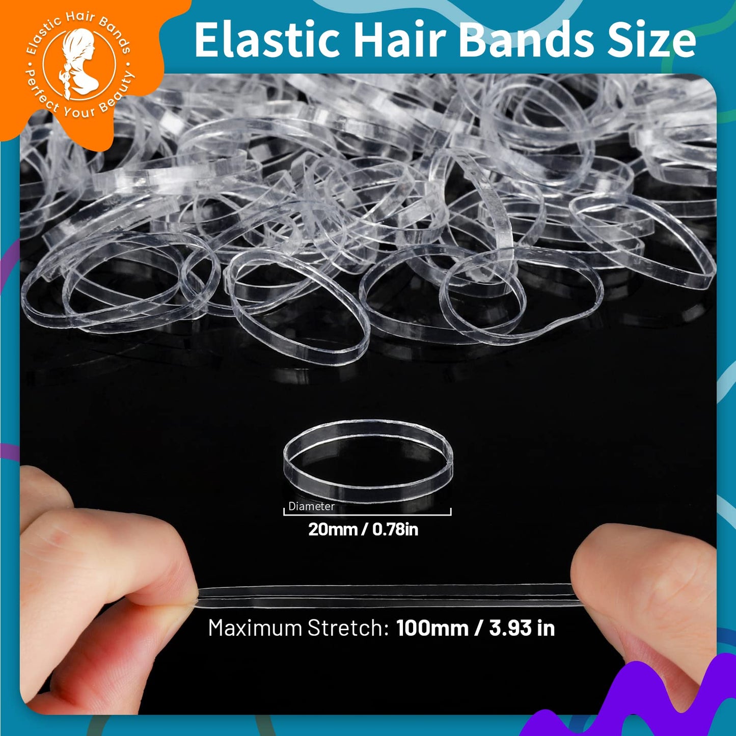 Close up of small clear elastic hair ties demonstrating high stretch and flexibility