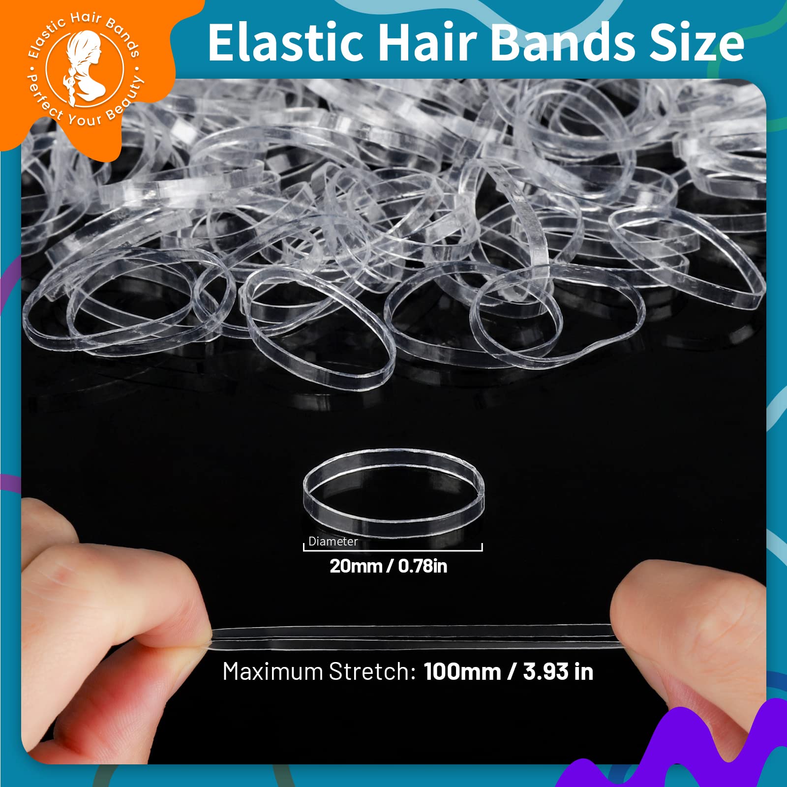 Close up of small clear elastic hair ties demonstrating high stretch and flexibility