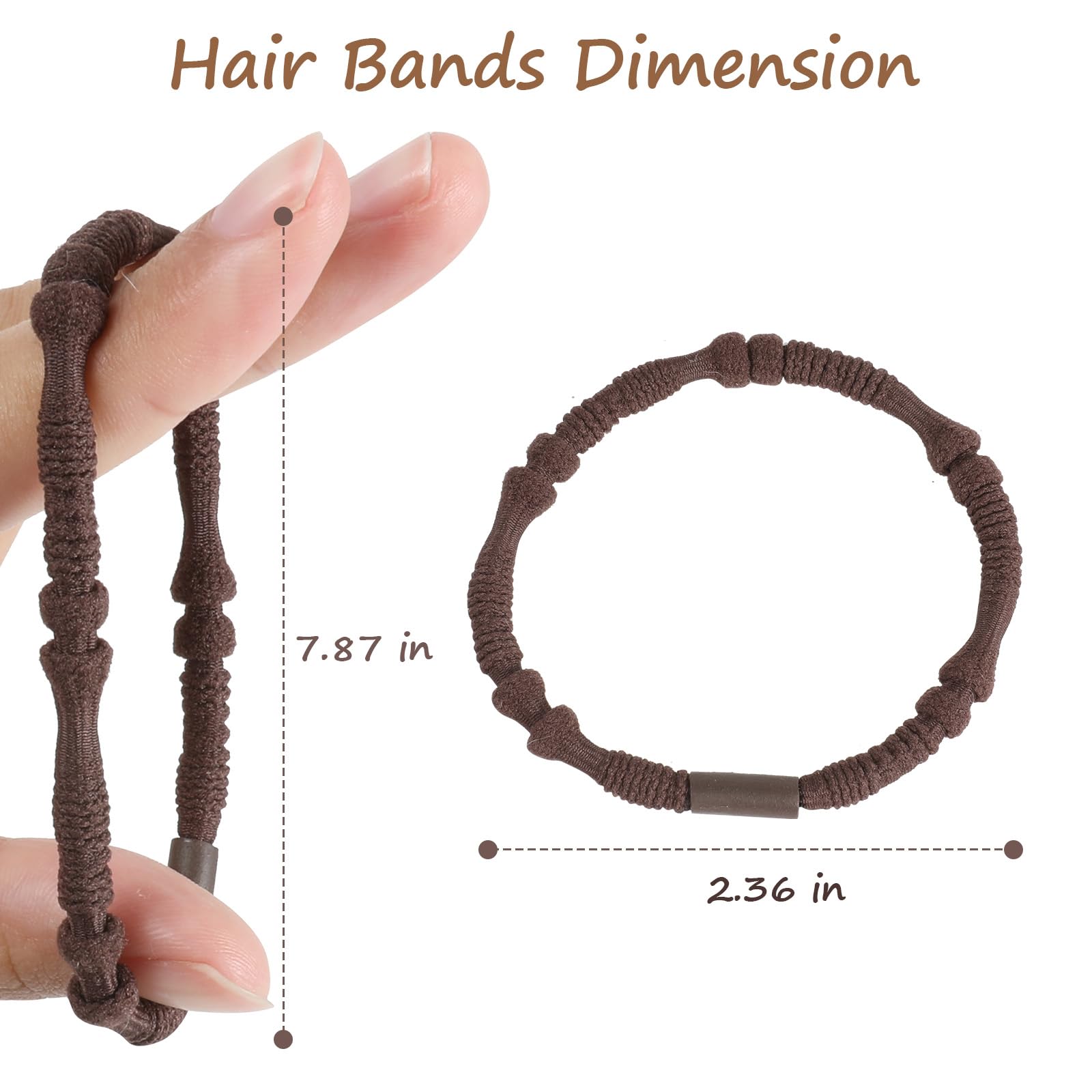 Four distinct styles of neutral elastic ponytail holders stacked on a wrist