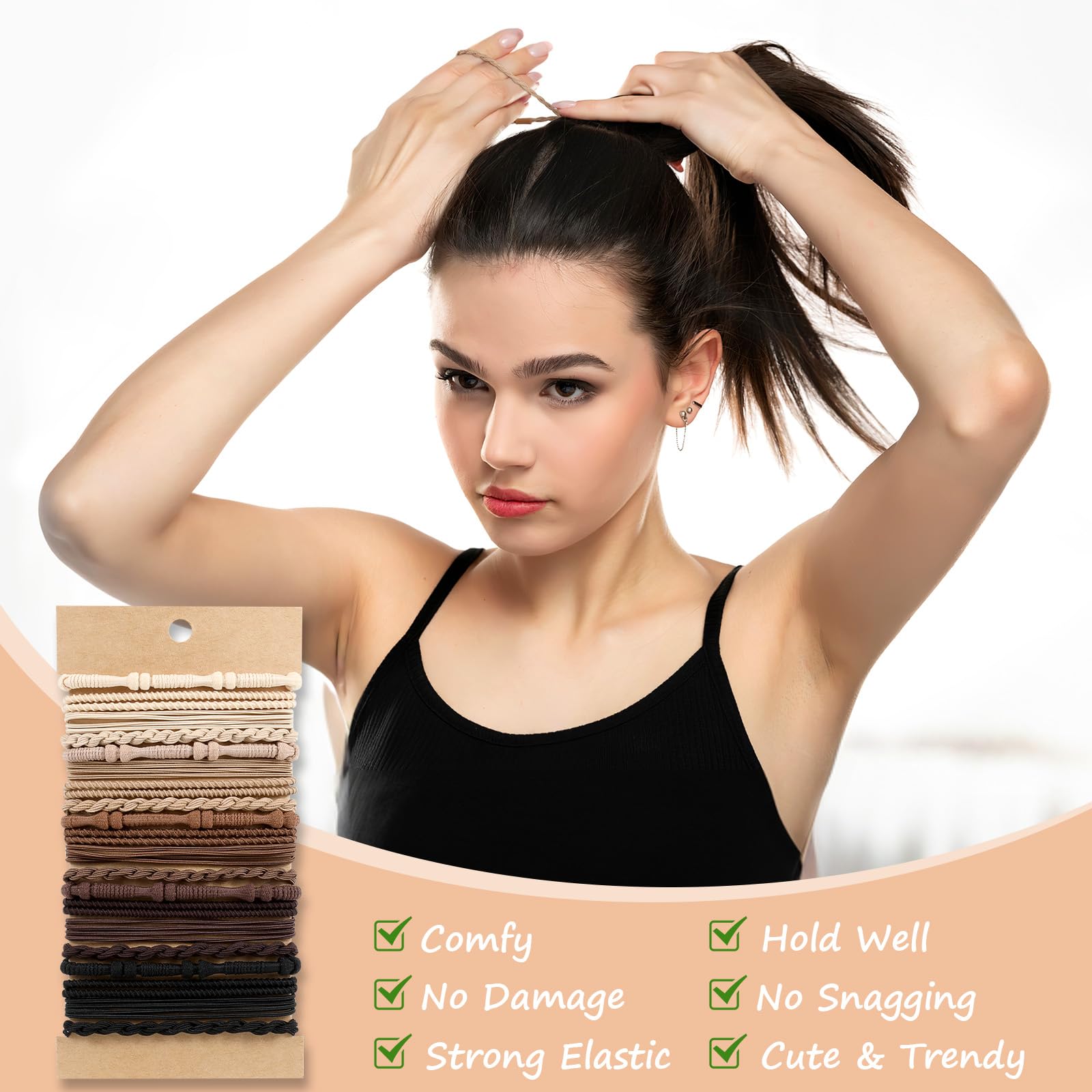 Close up view of the durable knotted and woven texture of brown hair elastics