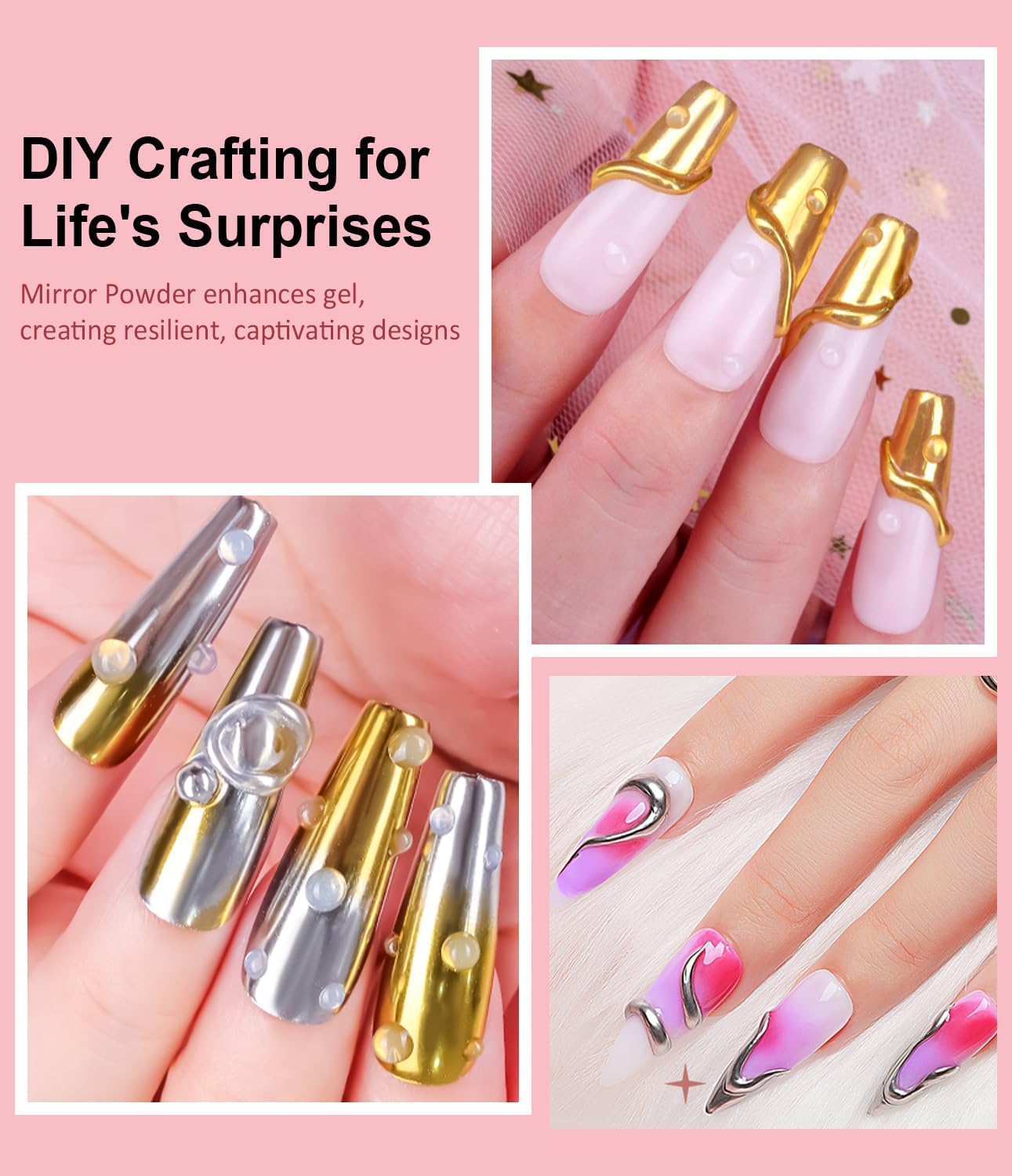 Gold and rose gold chrome powder swatches on nails