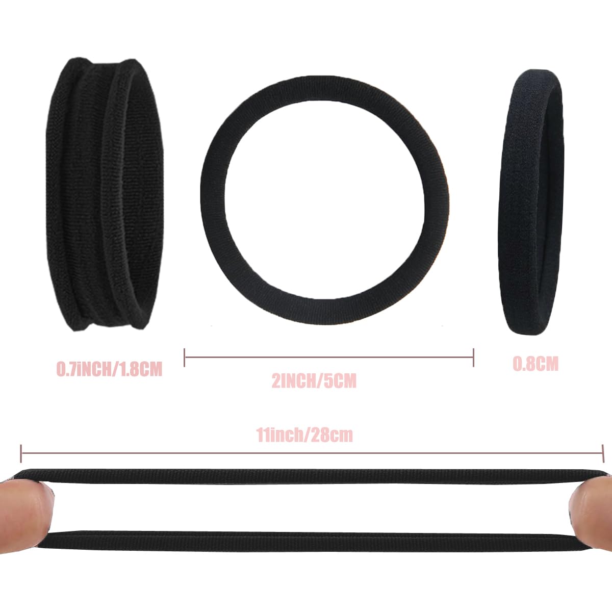 Close up of seamless thick nylon hair bands showing stretchable fabric texture.