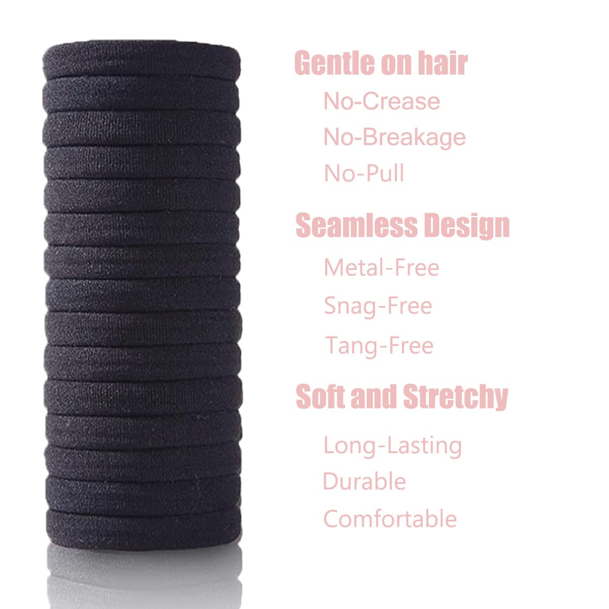 Premium microfiber snag free hair elastics arranged neatly in a row.
