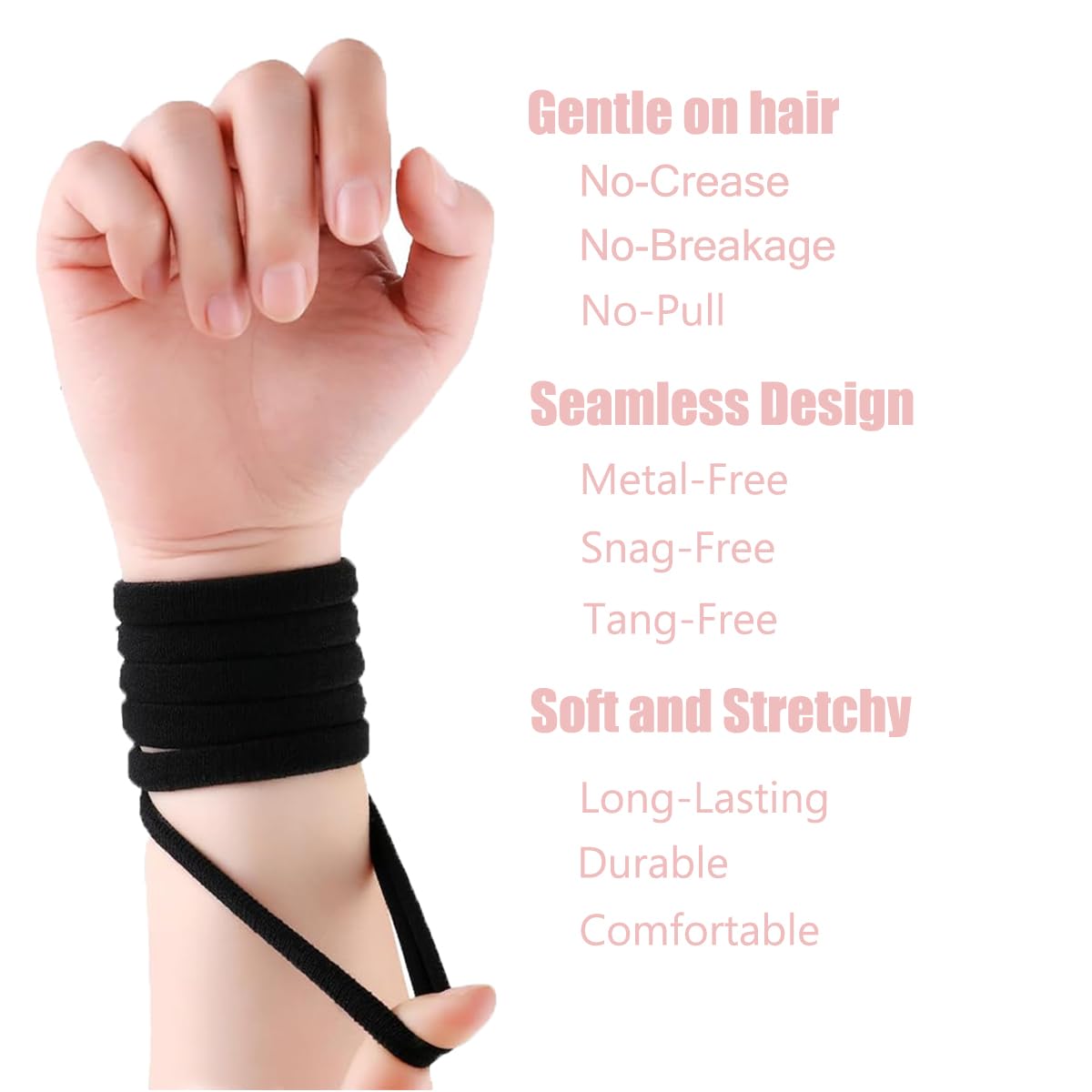 Soft pink and black everyday hairstyle ponytail holders on a clean backdrop.