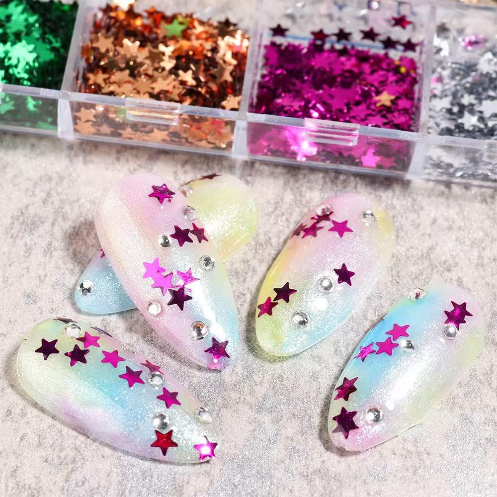 Close up of colorful star shaped nail art sequins in storage box