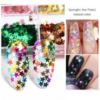 Demonstration of 3D star sequins applied on acrylic nail art.