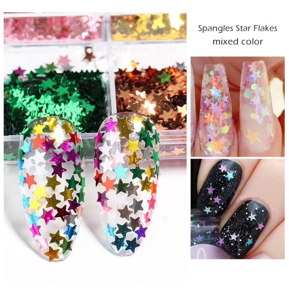 Laser holographic star nail flakes applied to artificial acrylic nails