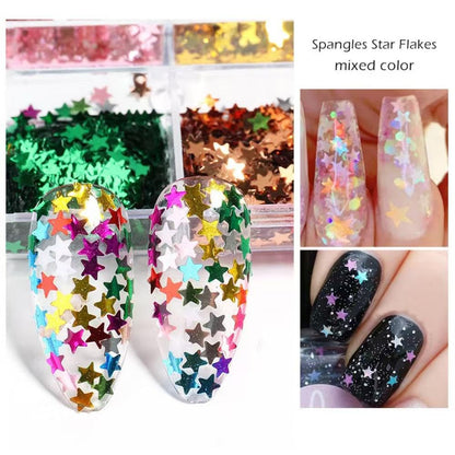 Laser holographic star nail flakes applied to artificial acrylic nails