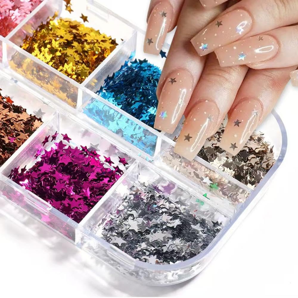 Individual compartments of 12 color nail art glitter set