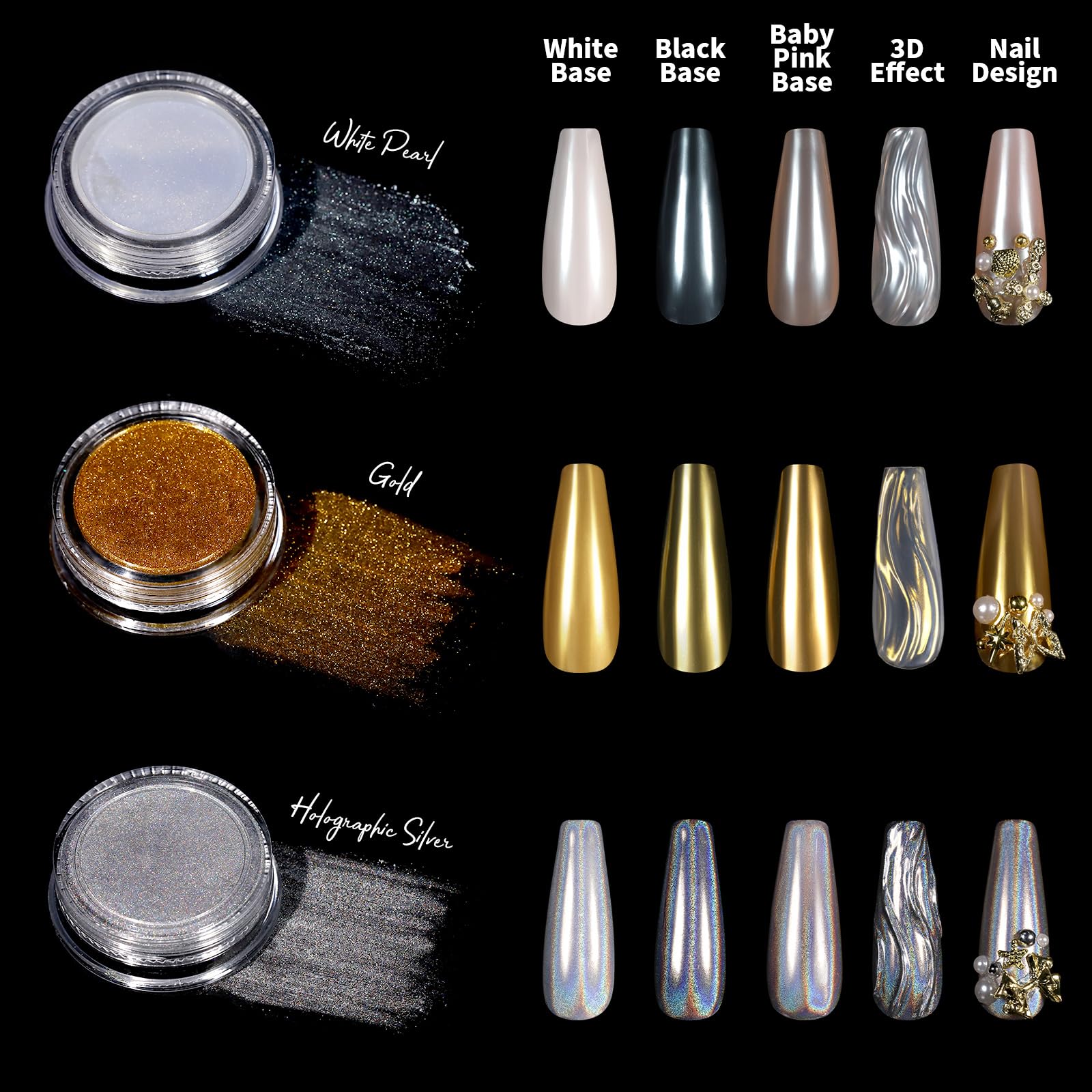 Close up of chrome nail powder colors and 3D charms