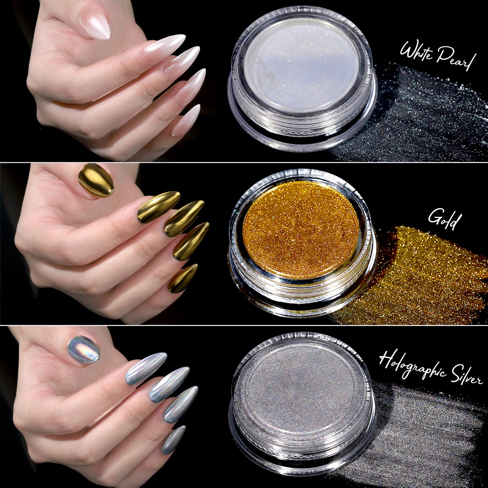 White pearl gold and silver chrome powder containers