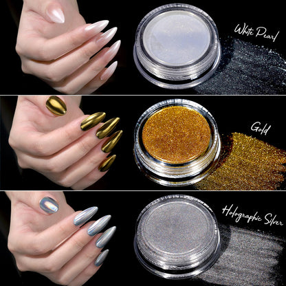 White pearl gold and silver chrome powder containers