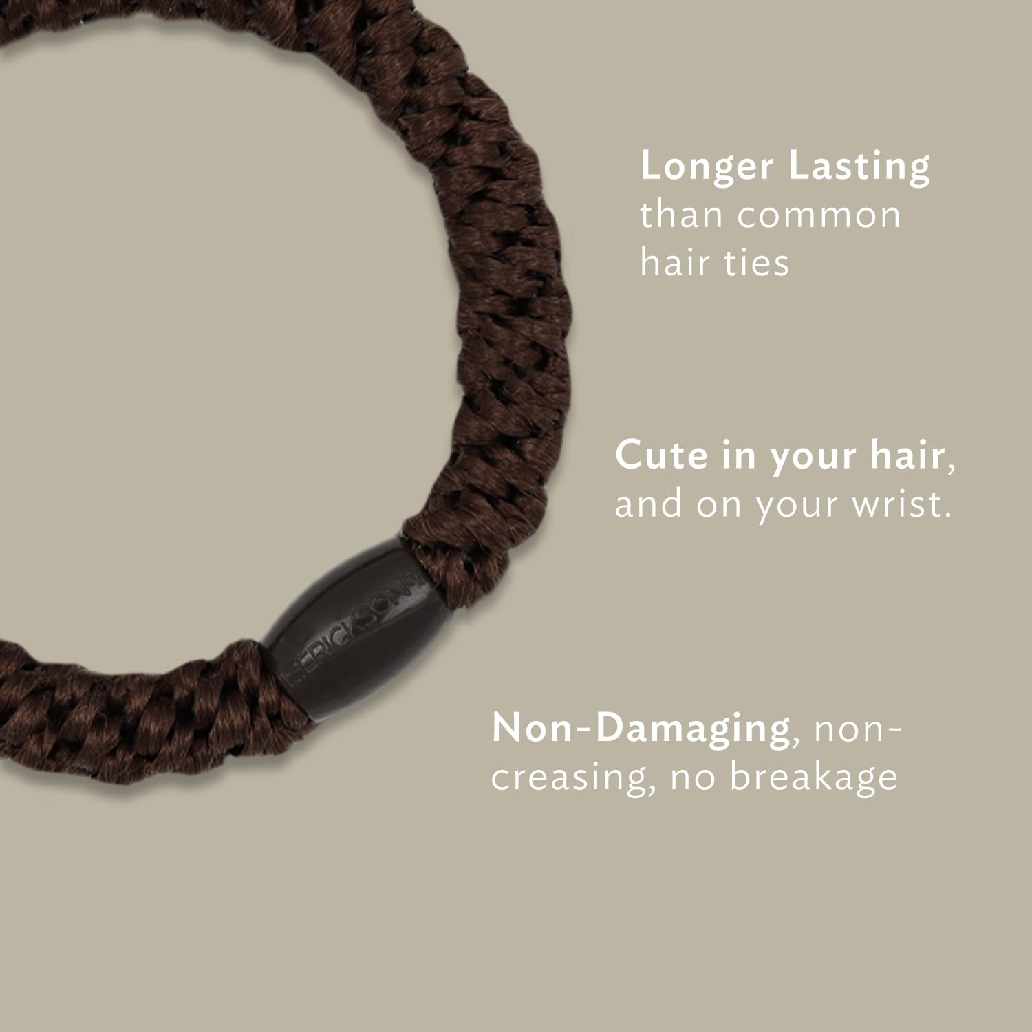 Set of eight L. Erickson exceptionally secure ponytail holders for thick hair.
