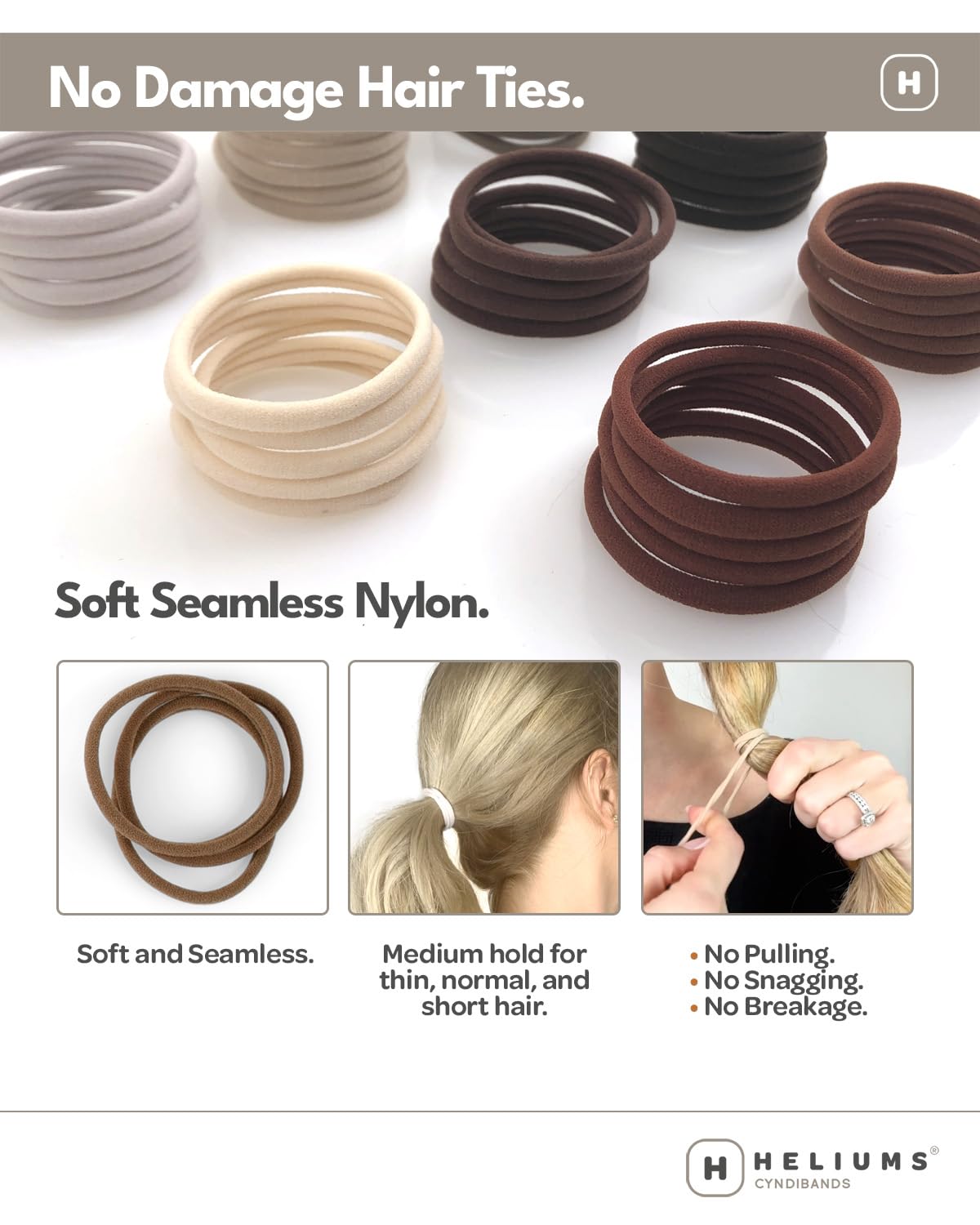 Heliums 6mm nylon no damage ponytail holders in dark ash brown