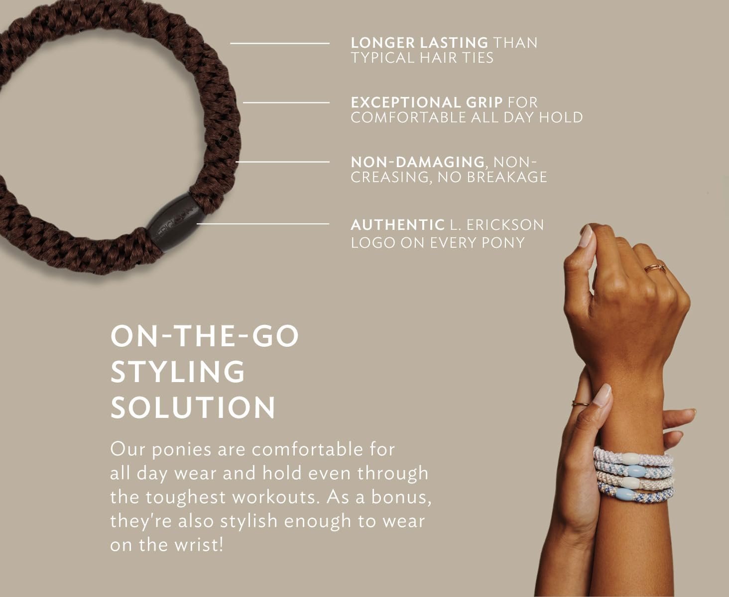 L. Erickson black braided ponytail holders showing elasticity and durability.