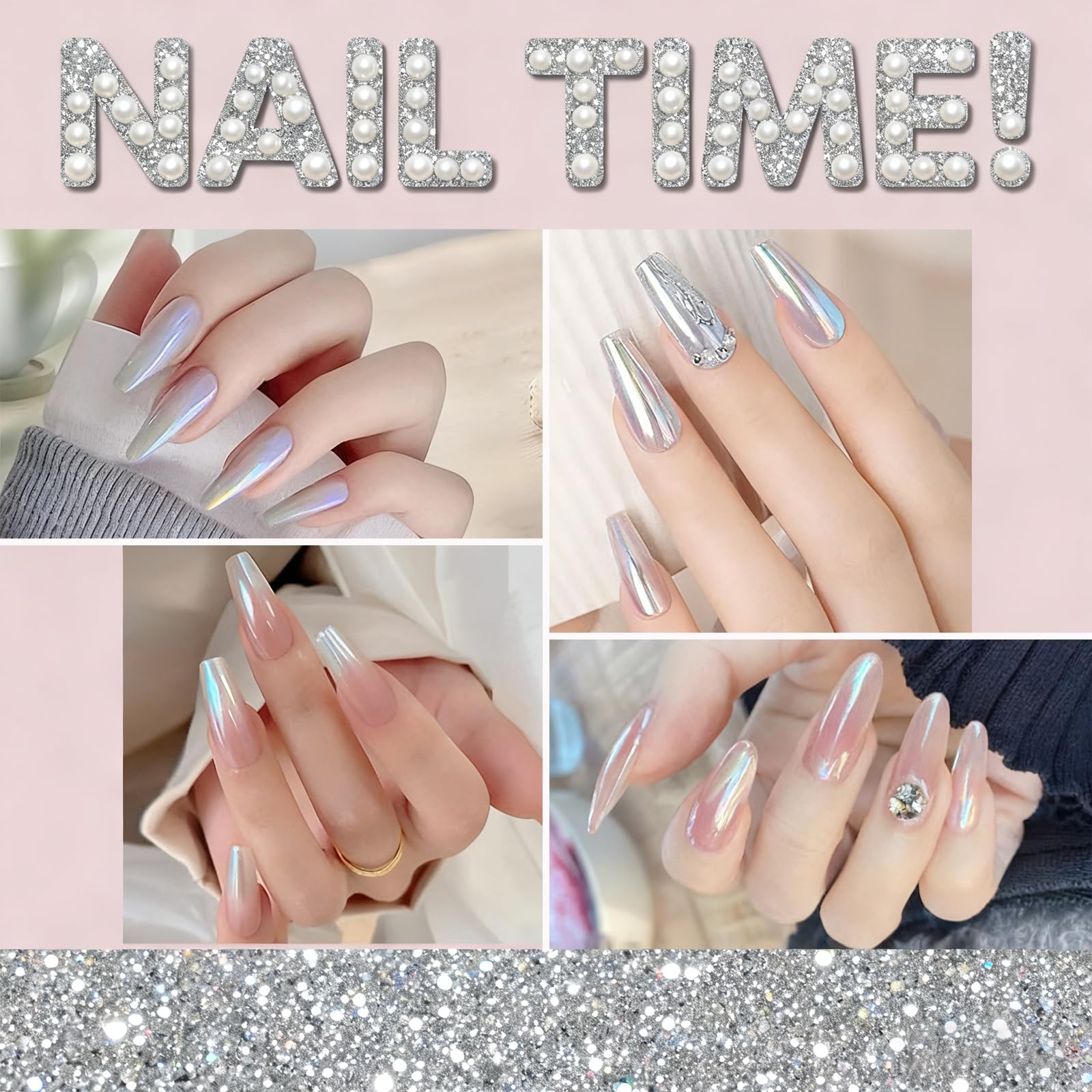 White pearl chrome powder applied on nails with mirror finish