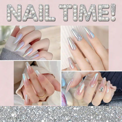 White pearl chrome powder applied on nails with mirror finish